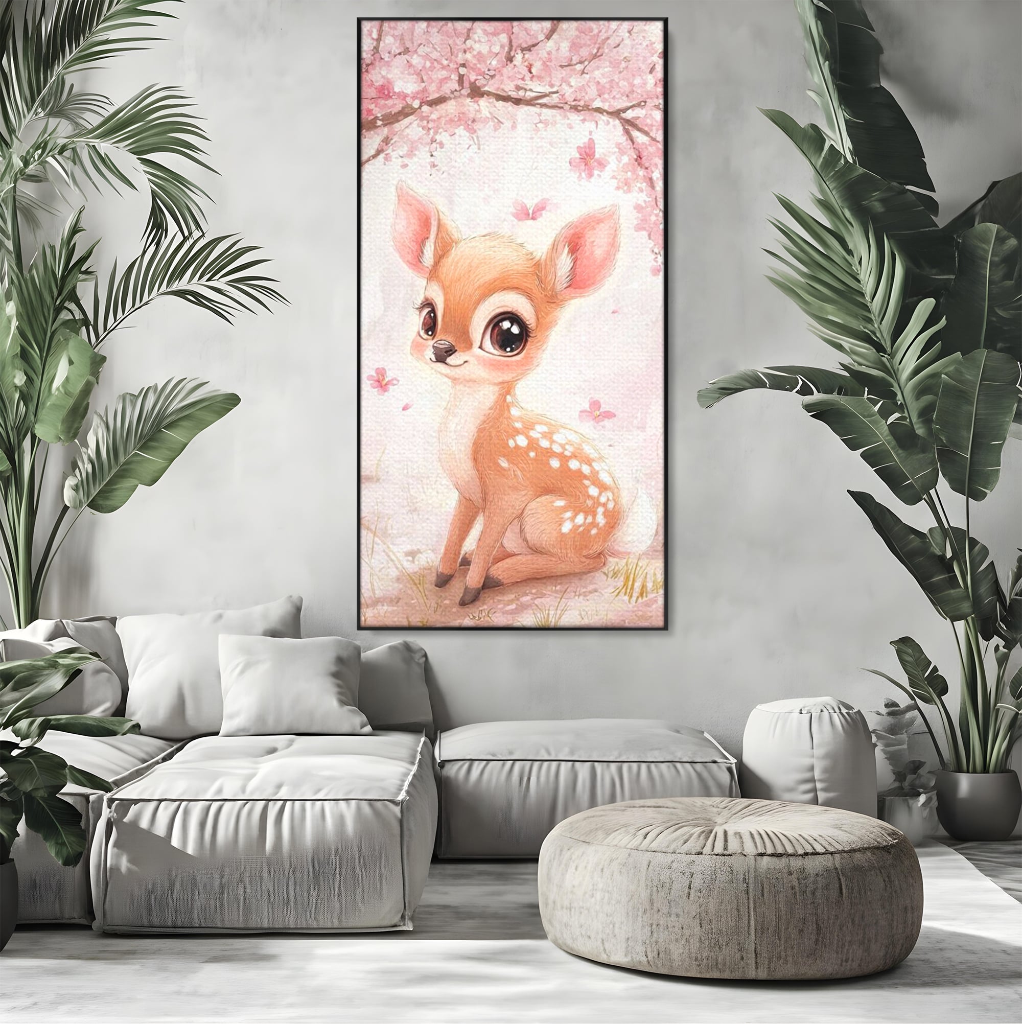 Tablou canvas cu ilustratie cu un pui de caprioara, in rama de aluminiu negru, pe perete intr-un living