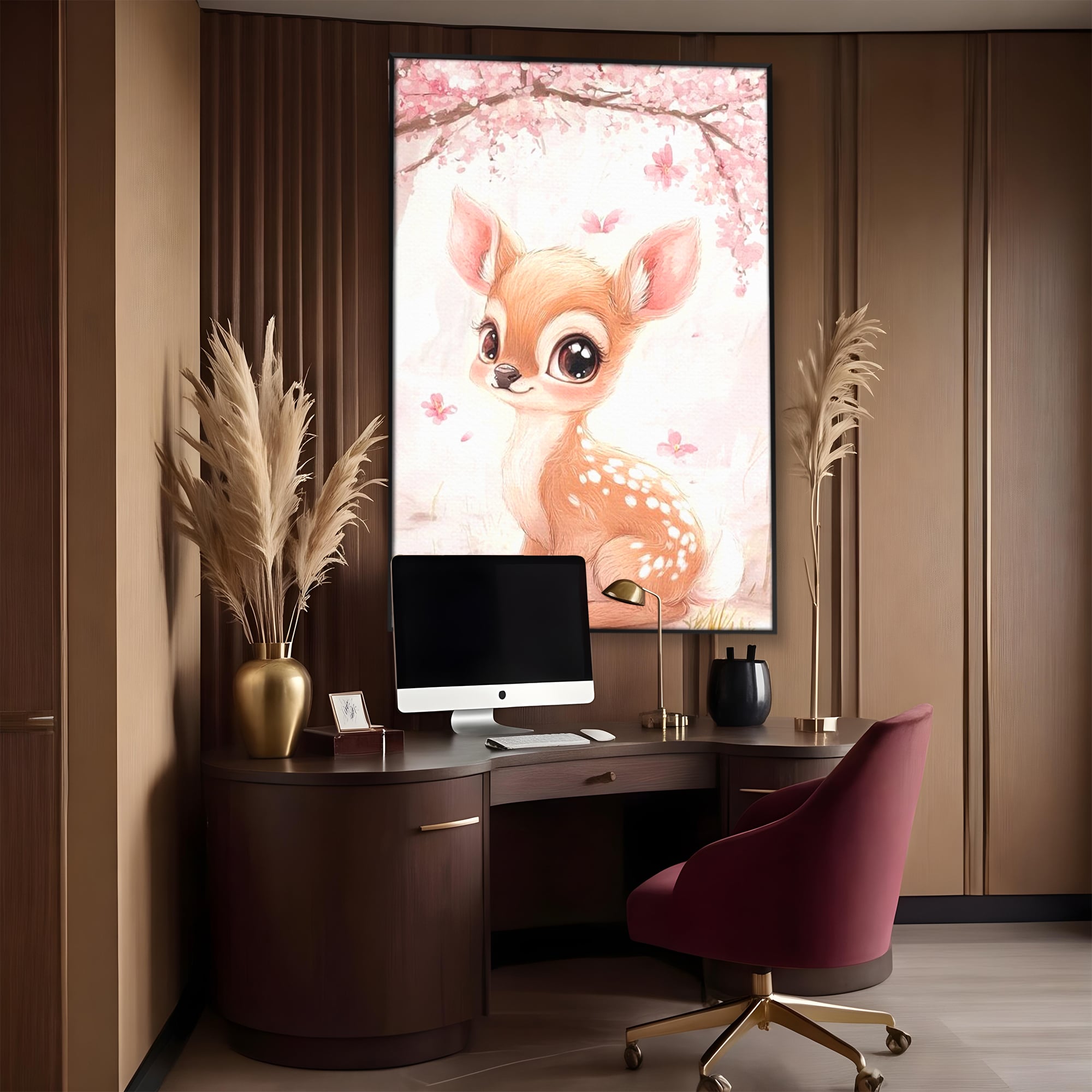 Tablou canvas cu ilustratie cu un pui de caprioara, in rama de aluminiu negru, pe perete intr-un birou