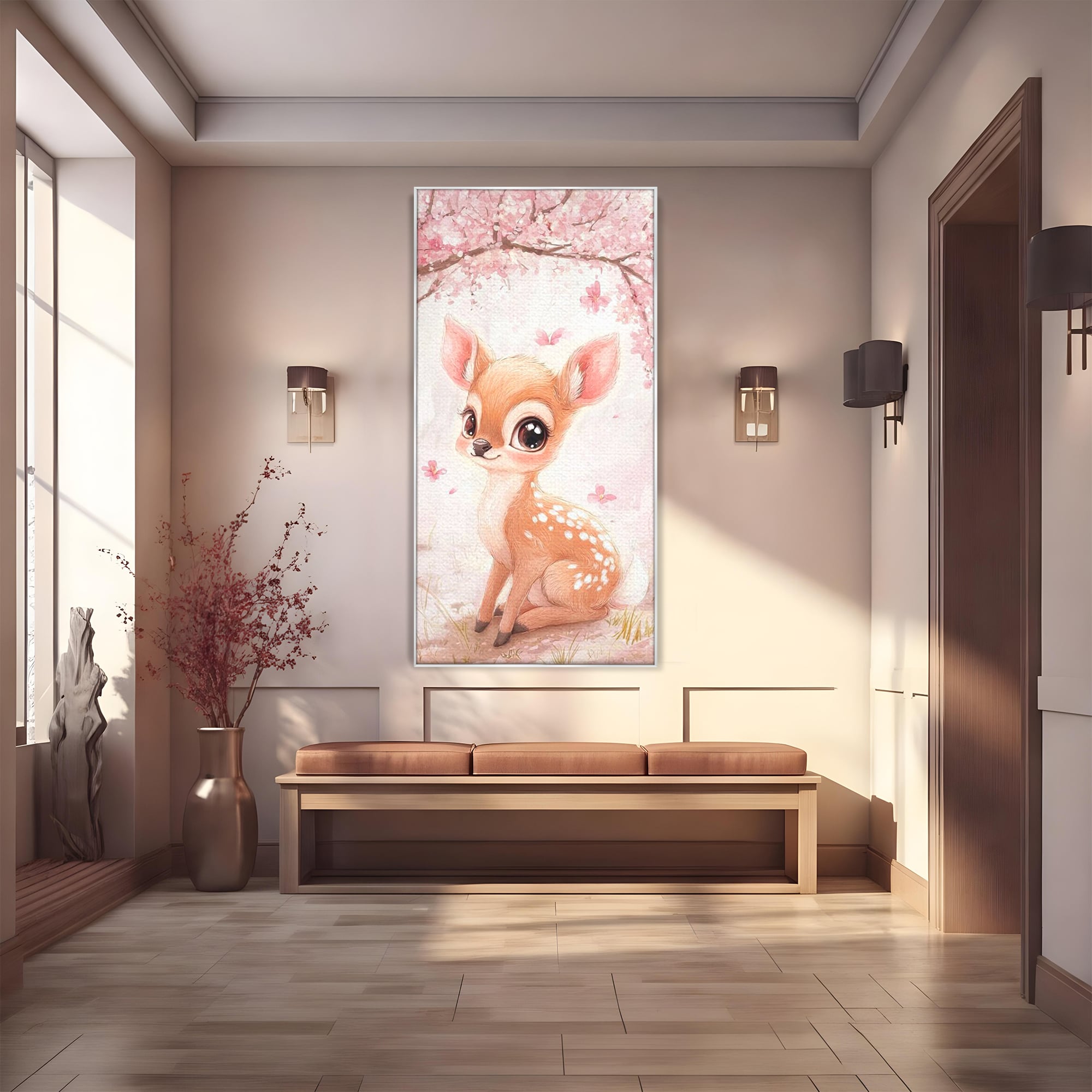 Tablou canvas cu ilustratie cu un pui de caprioara, in rama de aluminiu argintiu