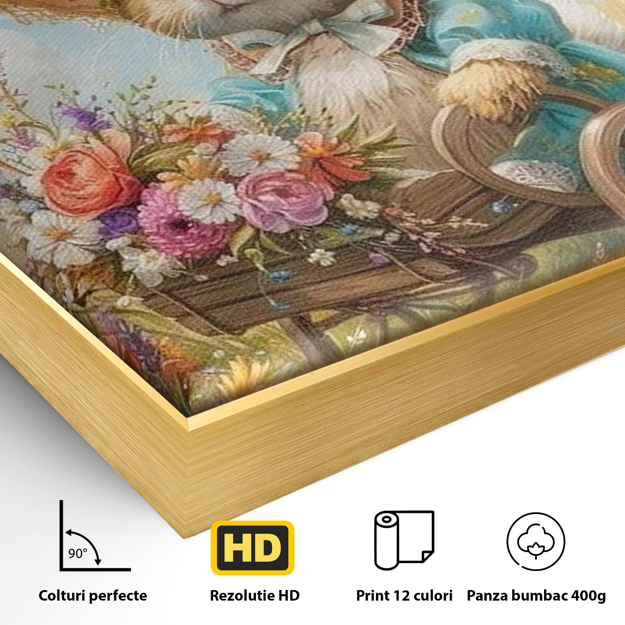 Detaliu al suprafetei: tablou canvas cu iepuras purtand palarie, in rama de aluminiu auriu