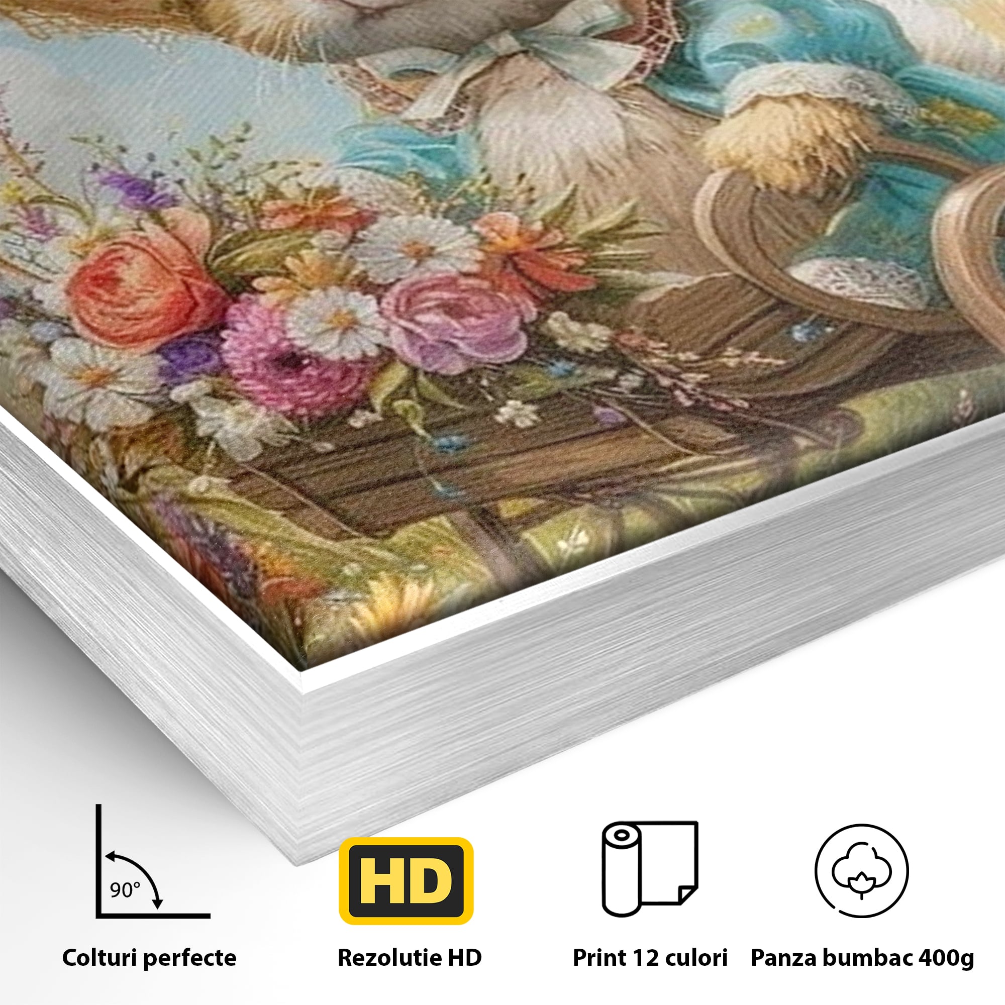 Detaliu al suprafetei: tablou canvas cu iepuras purtand palarie, in rama de aluminiu argintiu