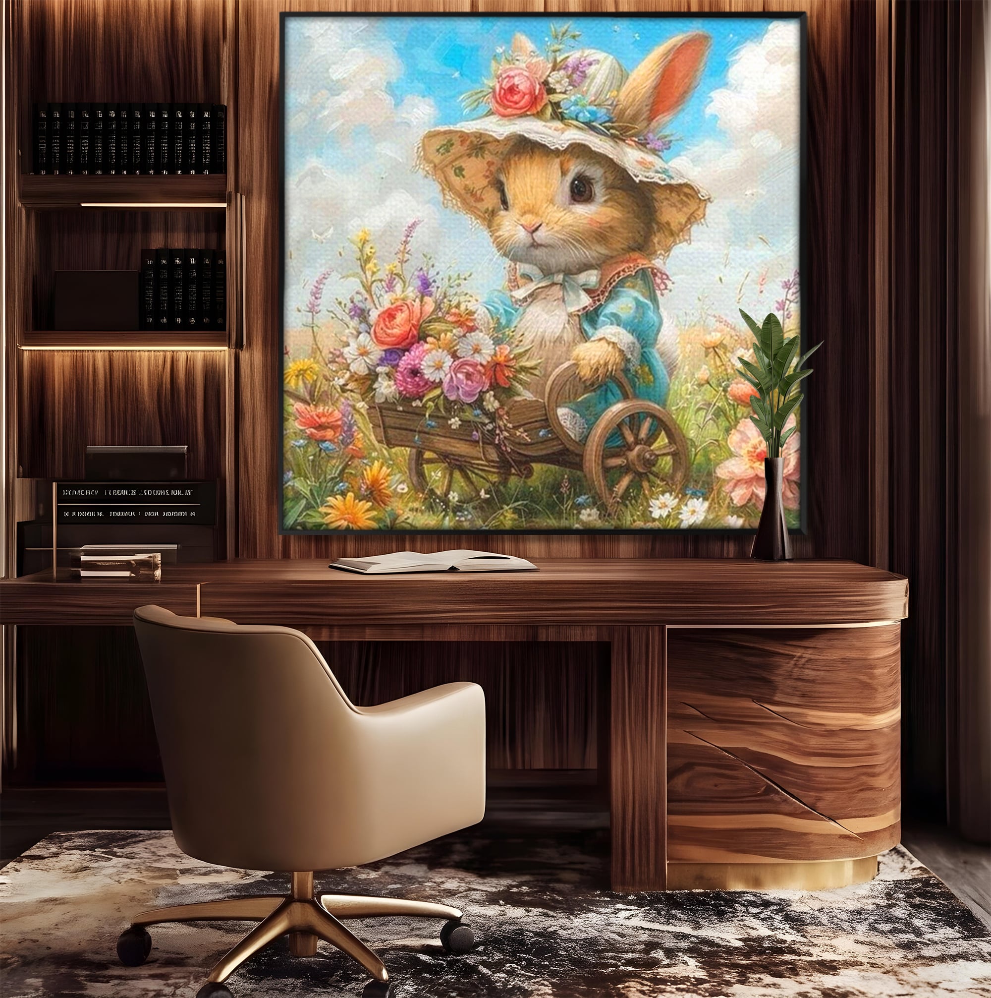 Tablou canvas cu tablou canvas cu iepuras purtand palarie, in rama de aluminiu negru, pe perete intr-un birou