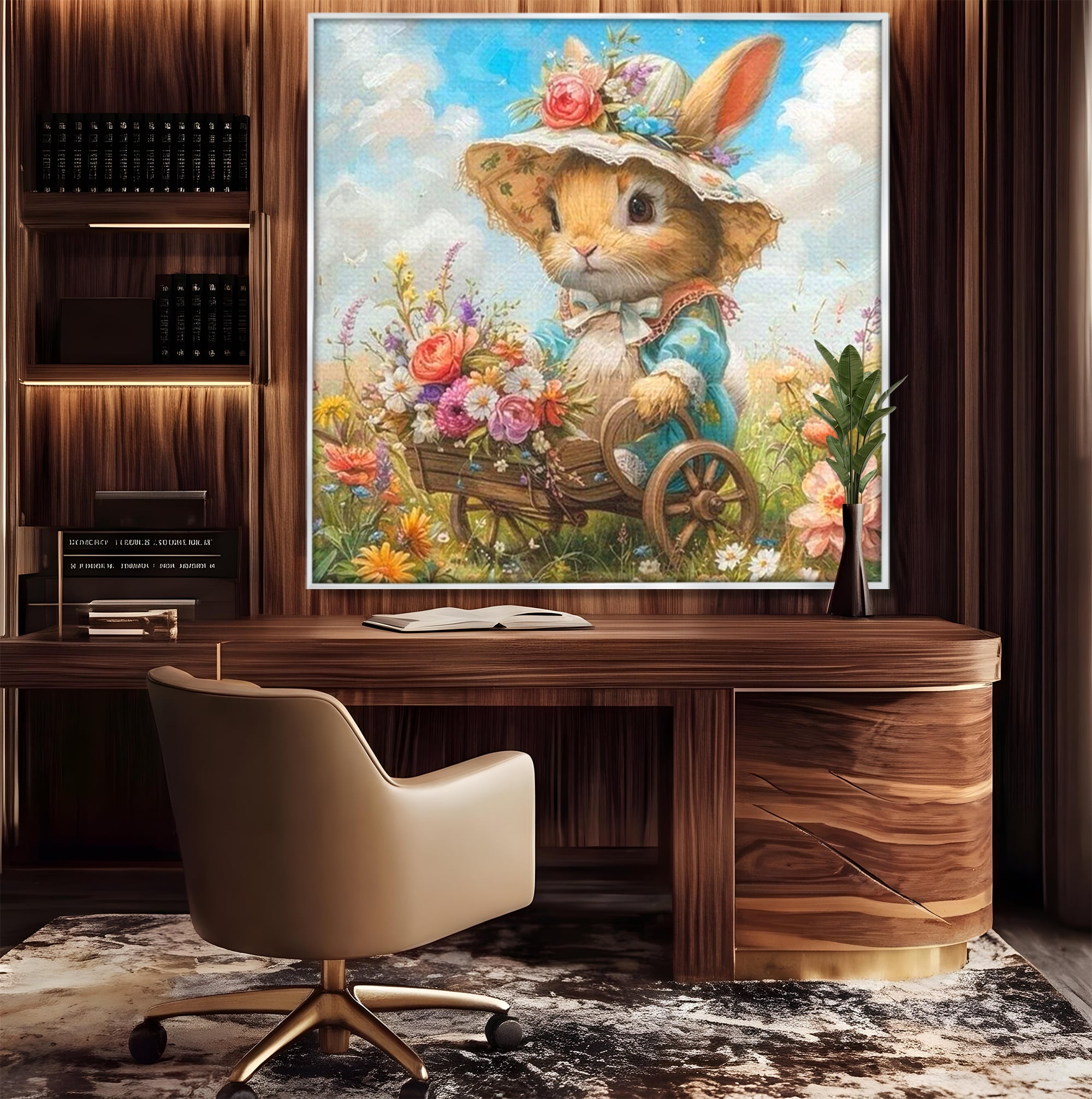 Tablou canvas cu tablou canvas cu iepuras purtand palarie, in rama de aluminiu argintiu, pe perete intr-un birou