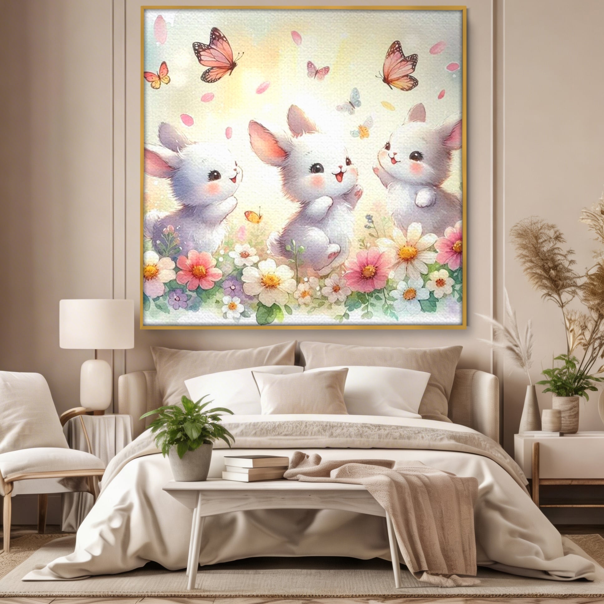 Tablou canvas cu ilustratie cu trei iepurasi si fluturi, in rama de aluminiu auriu, pe perete intr-un dormitor
