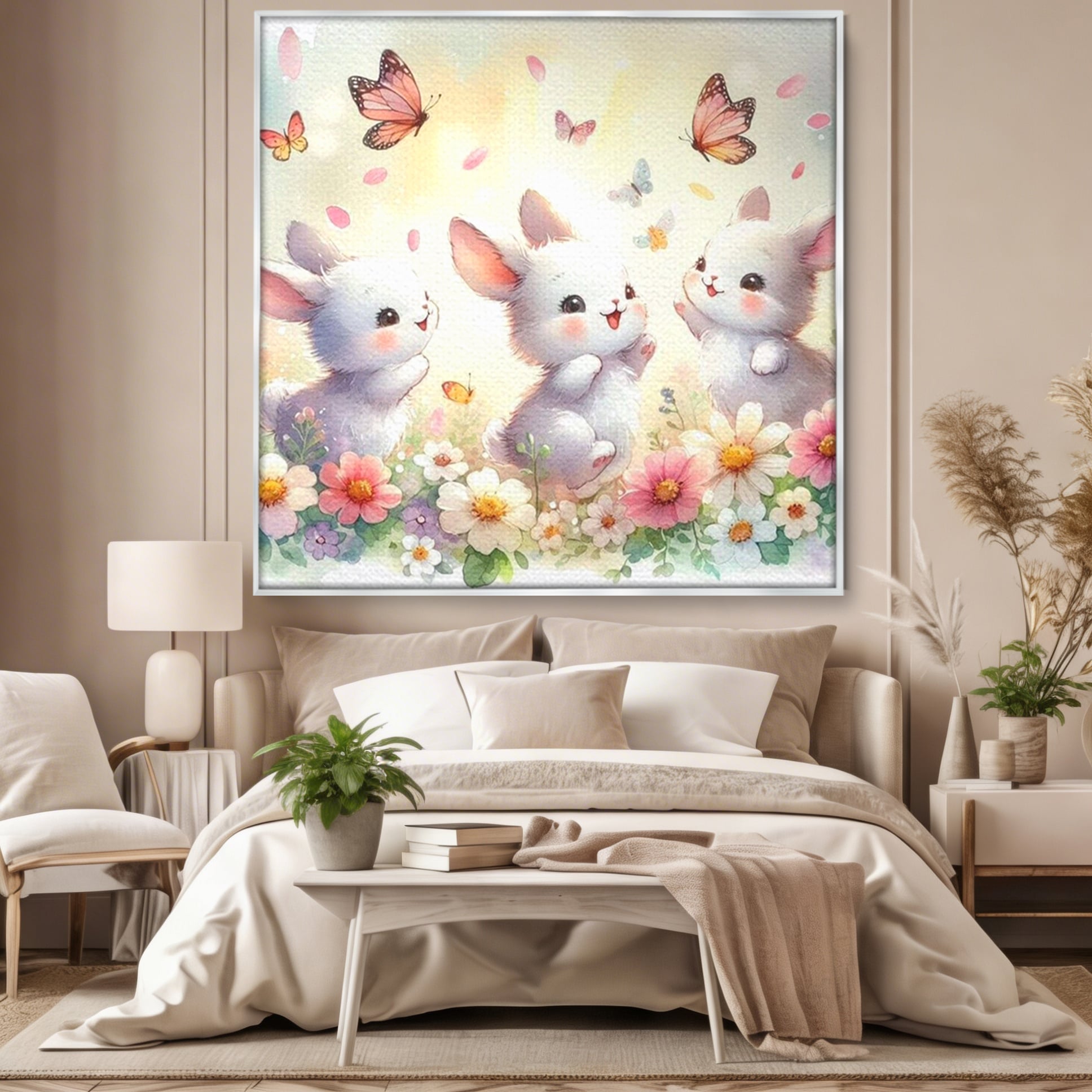 Tablou canvas cu ilustratie cu trei iepurasi si fluturi, in rama de aluminiu argintiu, pe perete intr-un dormitor