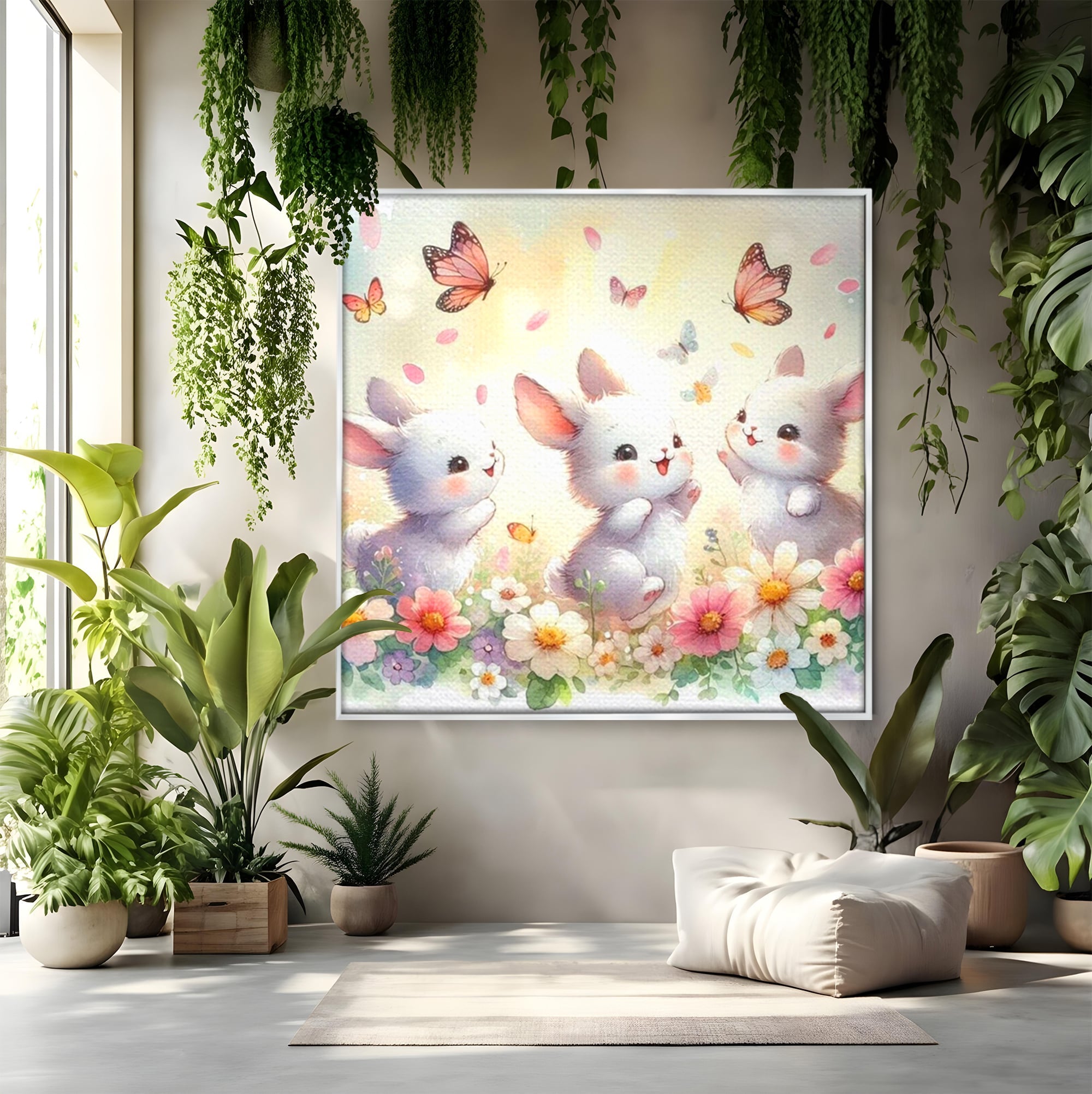 Tablou canvas cu ilustratie cu trei iepurasi si fluturi, in rama de aluminiu argintiu
