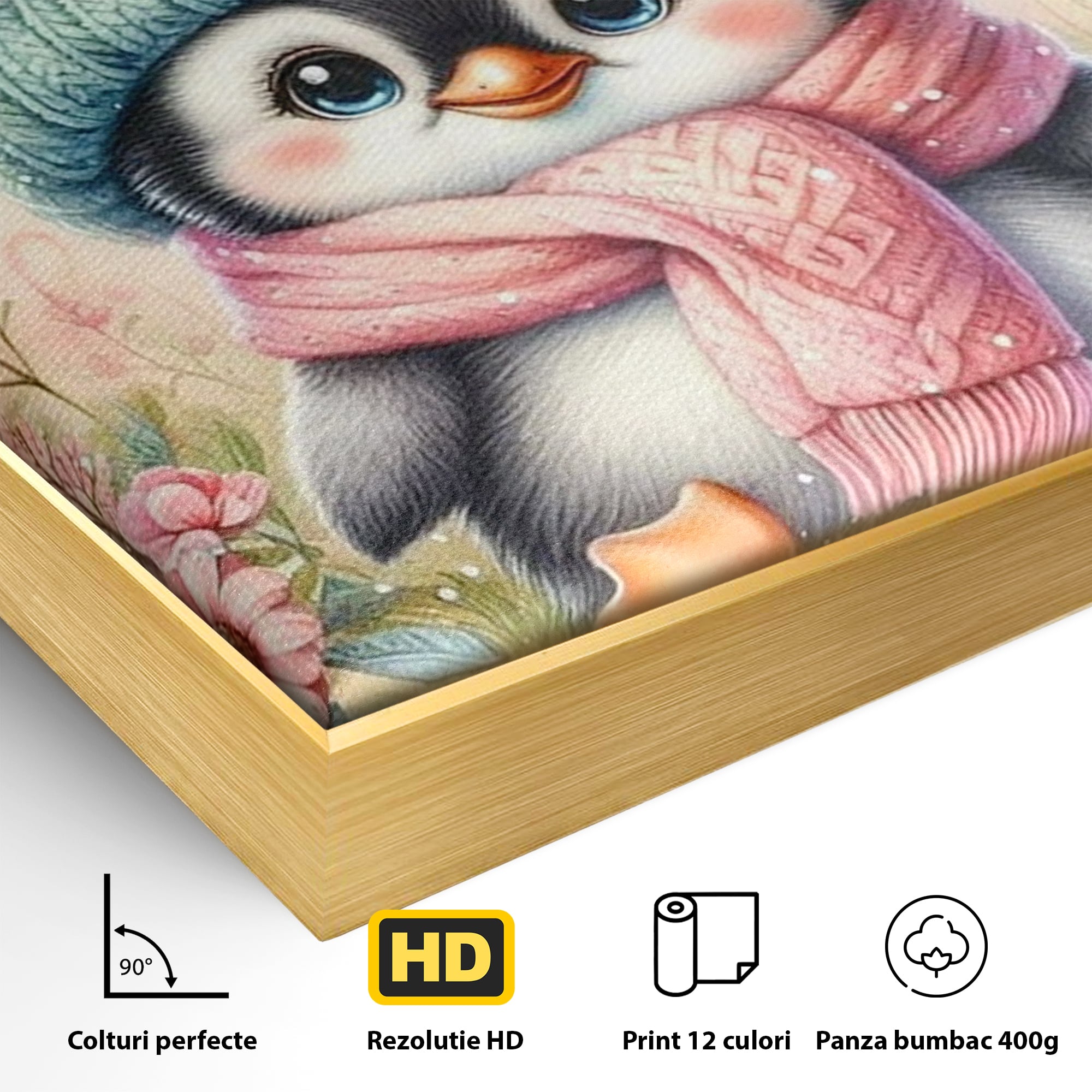 Detaliu al suprafetei: pinguin ilustrat cu caciula si fular roz, in rama de aluminiu auriu