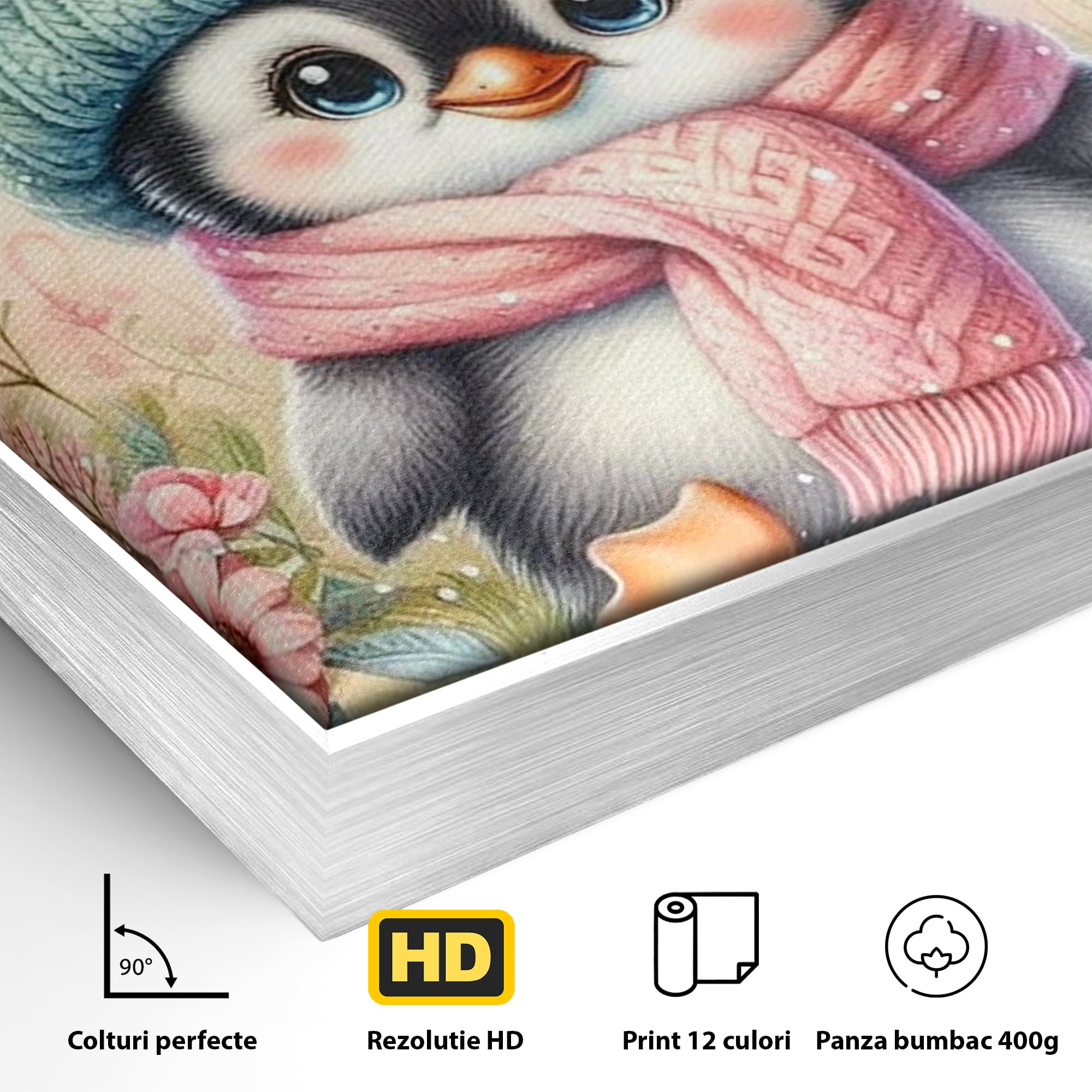 Detaliu al suprafetei: pinguin ilustrat cu caciula si fular roz, in rama de aluminiu argintiu