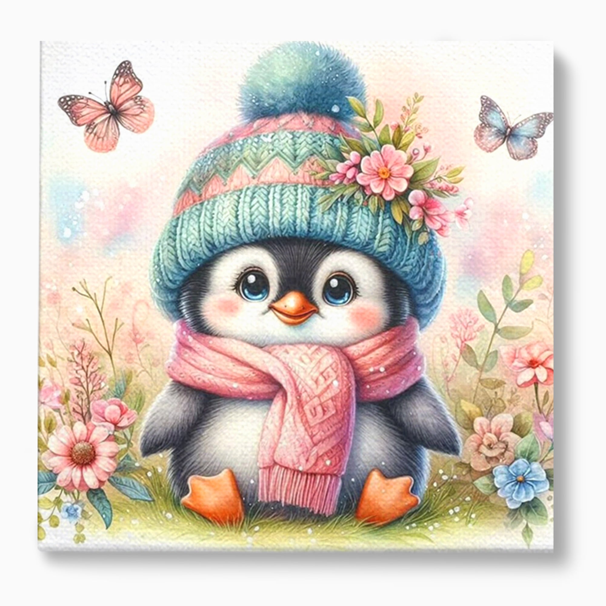 Tablou canvas cu pinguin ilustrat cu caciula si fular roz, fara rama, pe sasiu de lemn