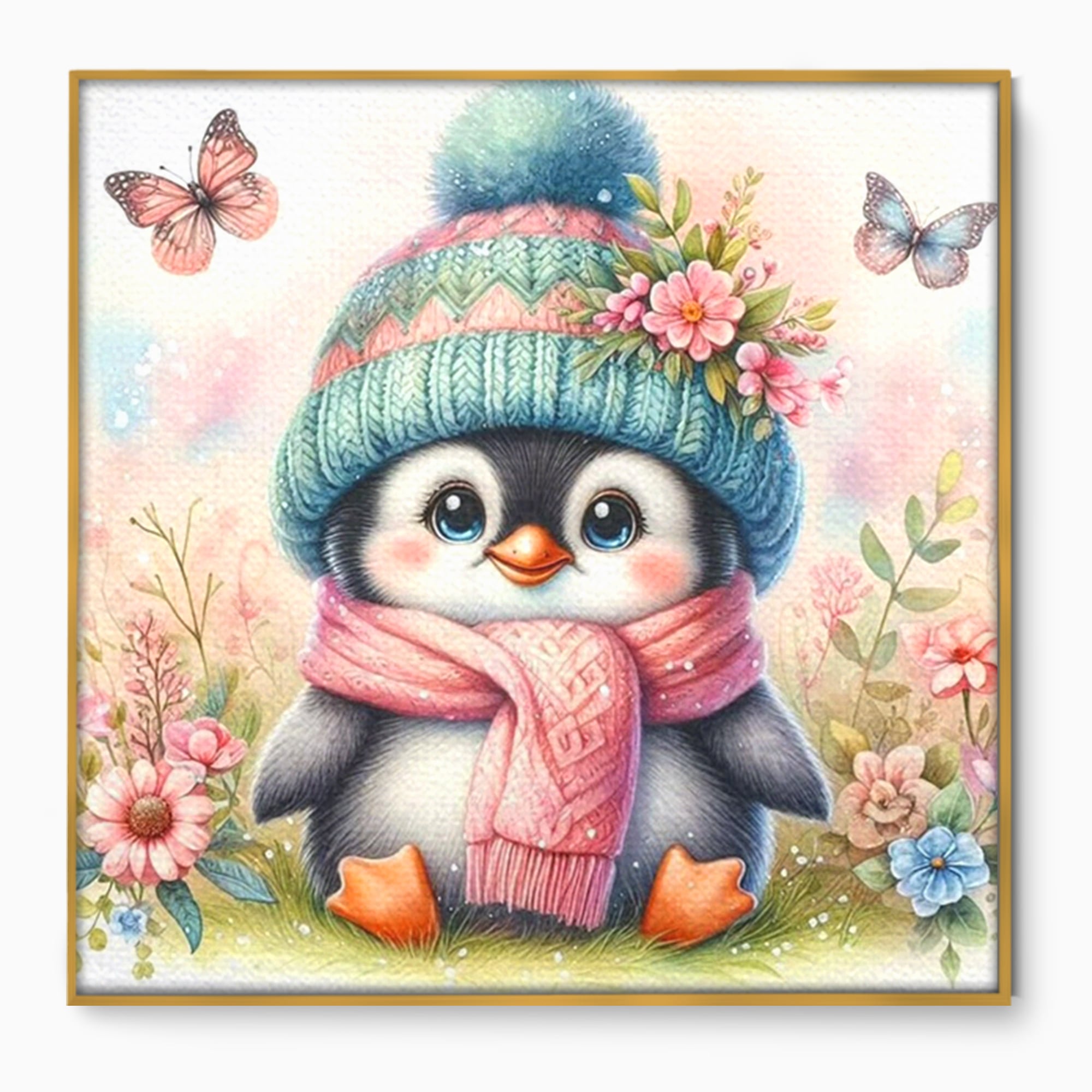 Tablou canvas cu pinguin ilustrat cu caciula si fular roz, in rama de aluminiu auriu