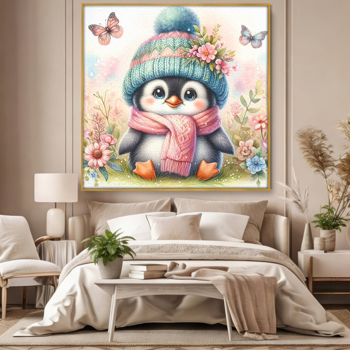 Tablou canvas cu pinguin ilustrat cu caciula si fular roz, in rama de aluminiu auriu, pe perete intr-un dormitor
