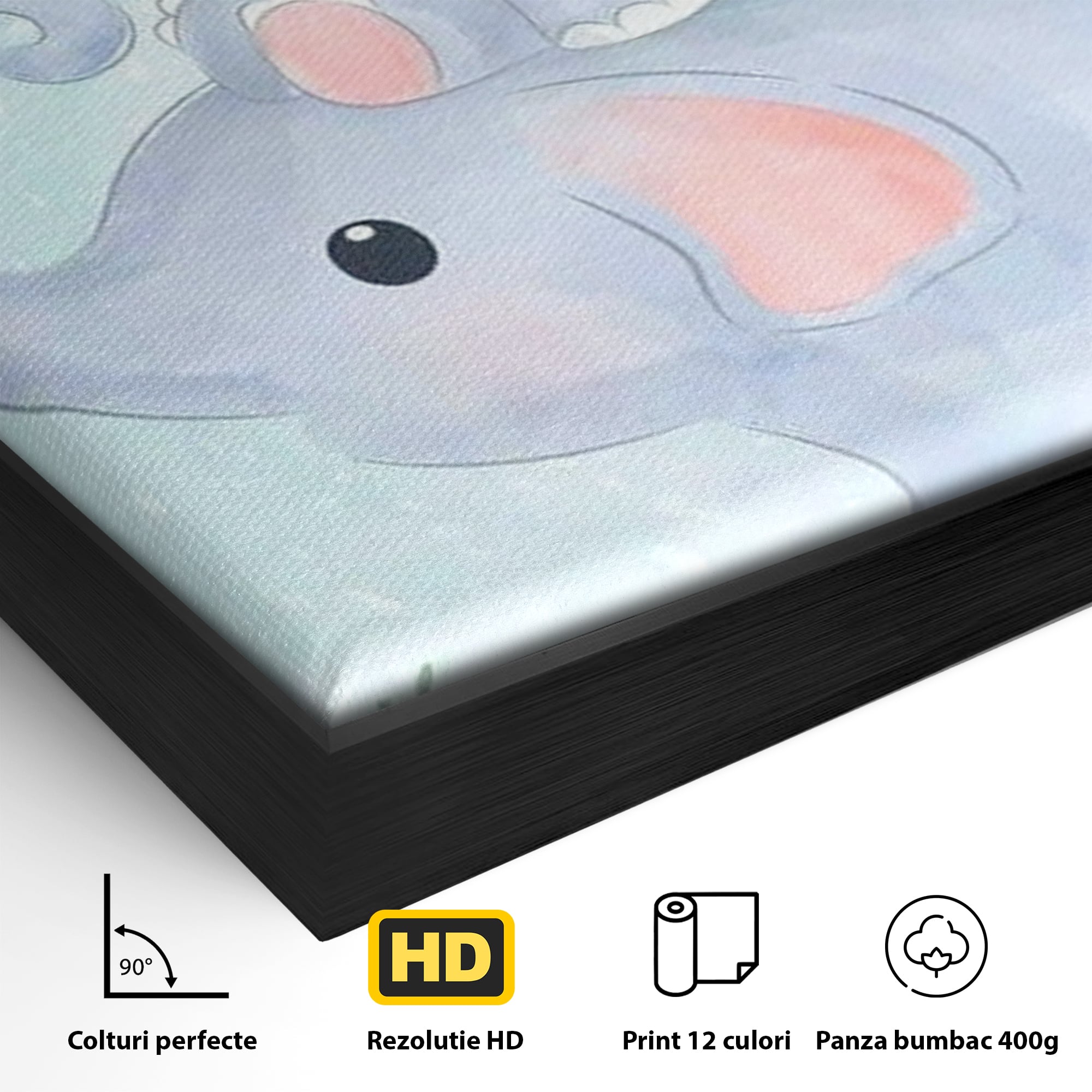 Detaliu al suprafetei: tablou canvas cu elefanti pastelati, in rama de aluminiu negru