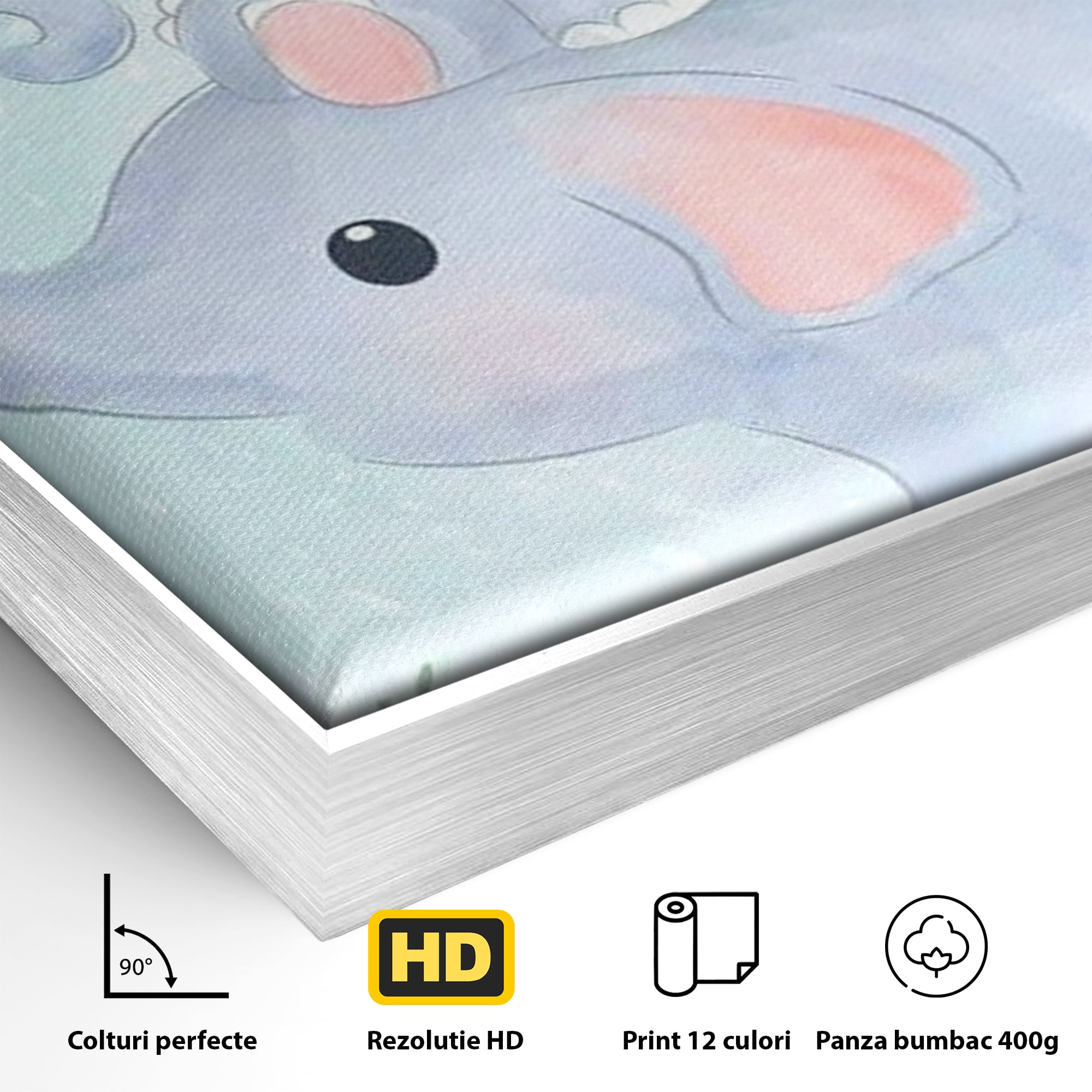 Detaliu al suprafetei: tablou canvas cu elefanti pastelati, in rama de aluminiu argintiu