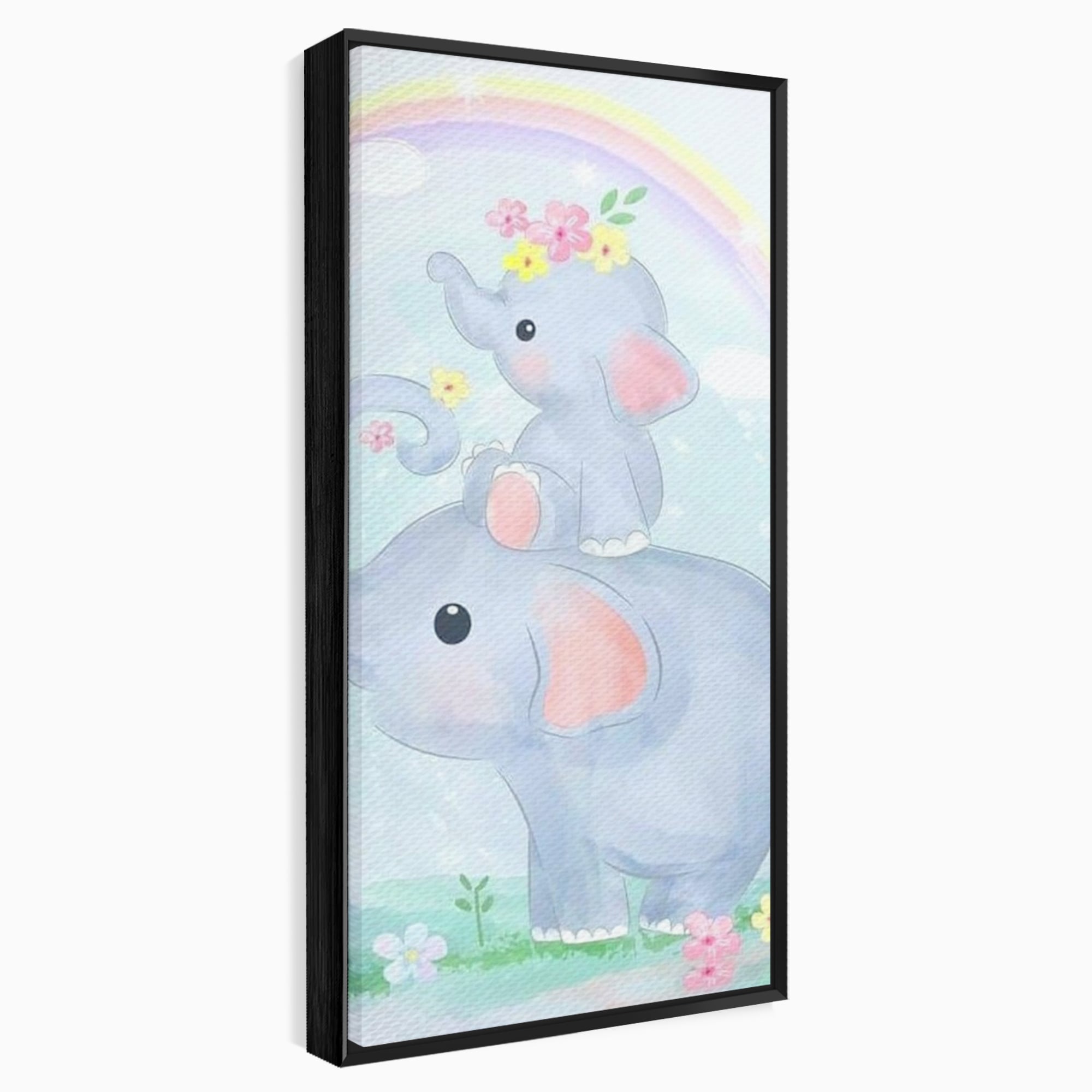 Tablou canvas cu tablou canvas cu elefanti pastelati, in rama de aluminiu negru