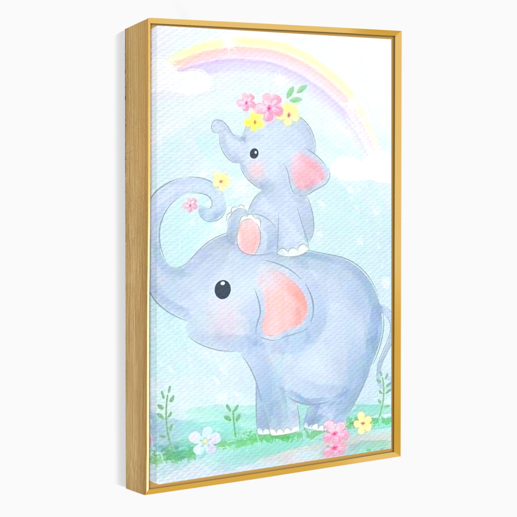 Tablou canvas cu tablou canvas cu elefanti pastelati, in rama de aluminiu auriu