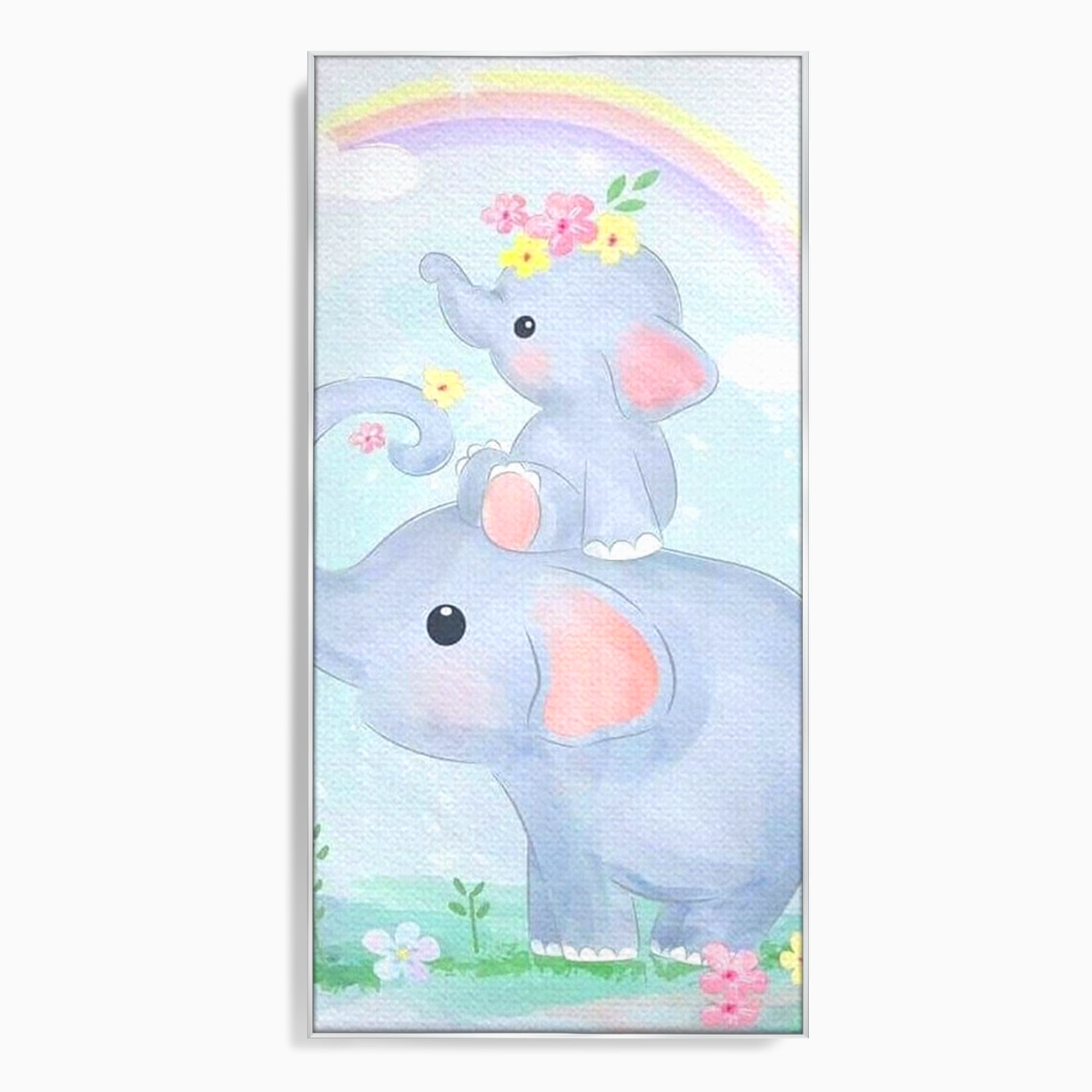 Tablou canvas cu tablou canvas cu elefanti pastelati, in rama de aluminiu argintiu