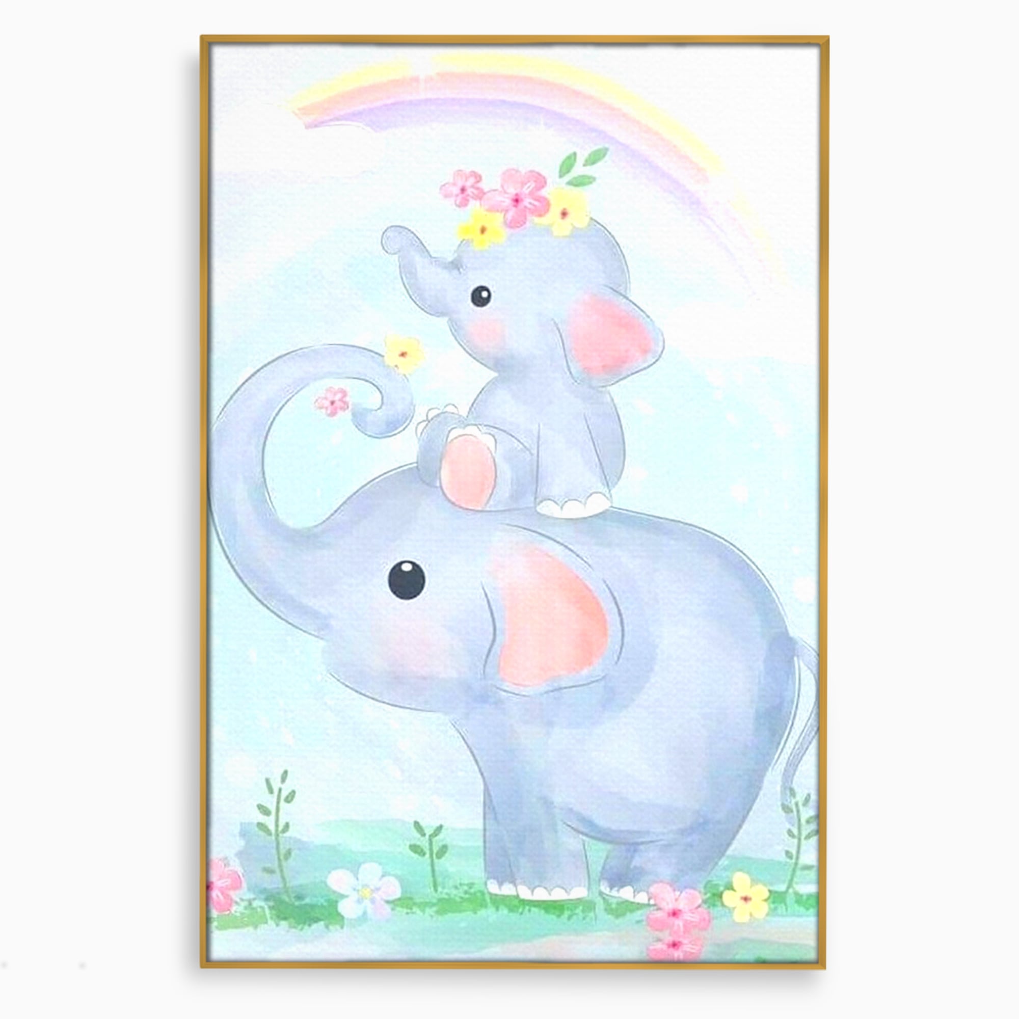 Tablou canvas cu tablou canvas cu elefanti pastelati, in rama de aluminiu auriu