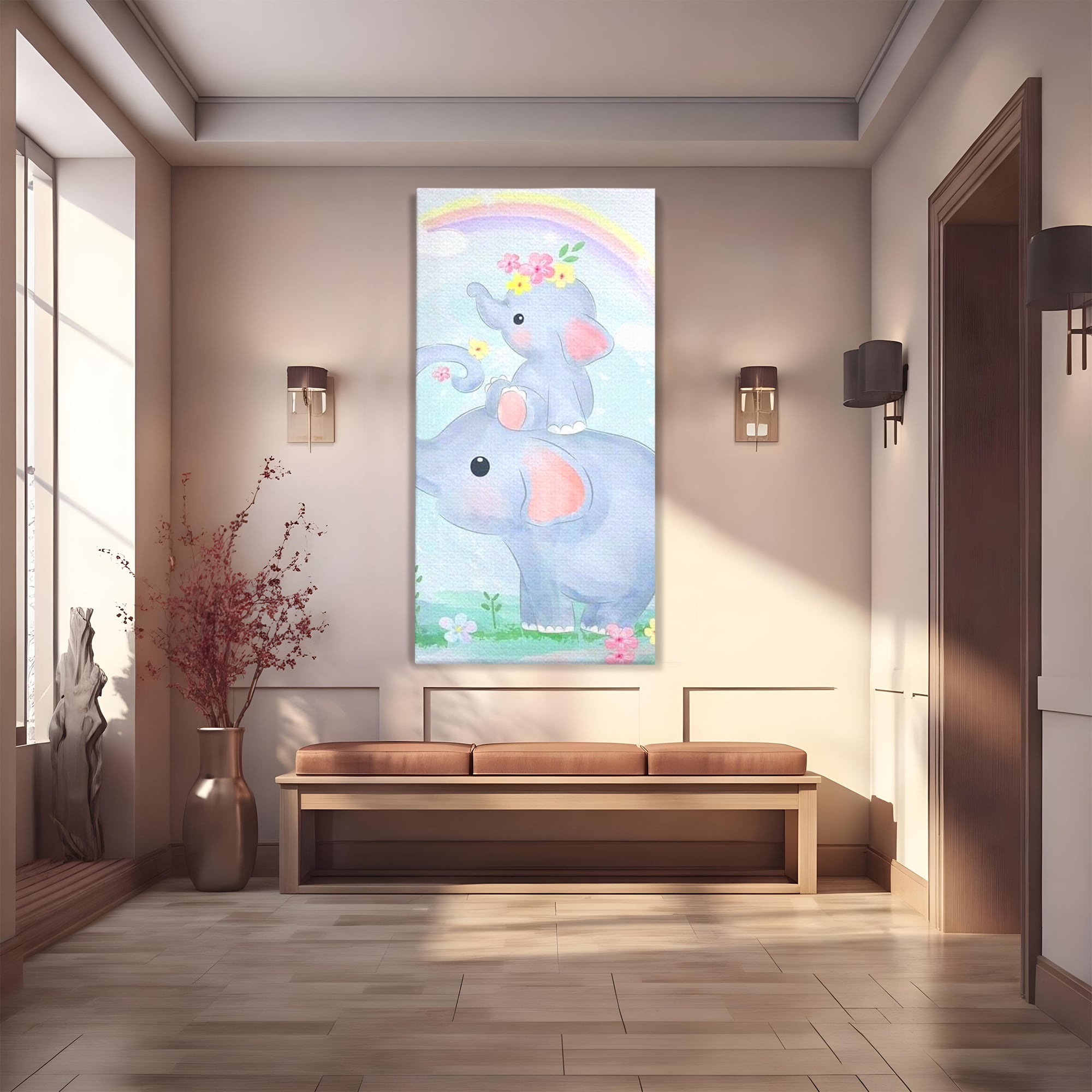 Tablou canvas cu tablou canvas cu elefanti pastelati, fara rama, pe sasiu de lemn