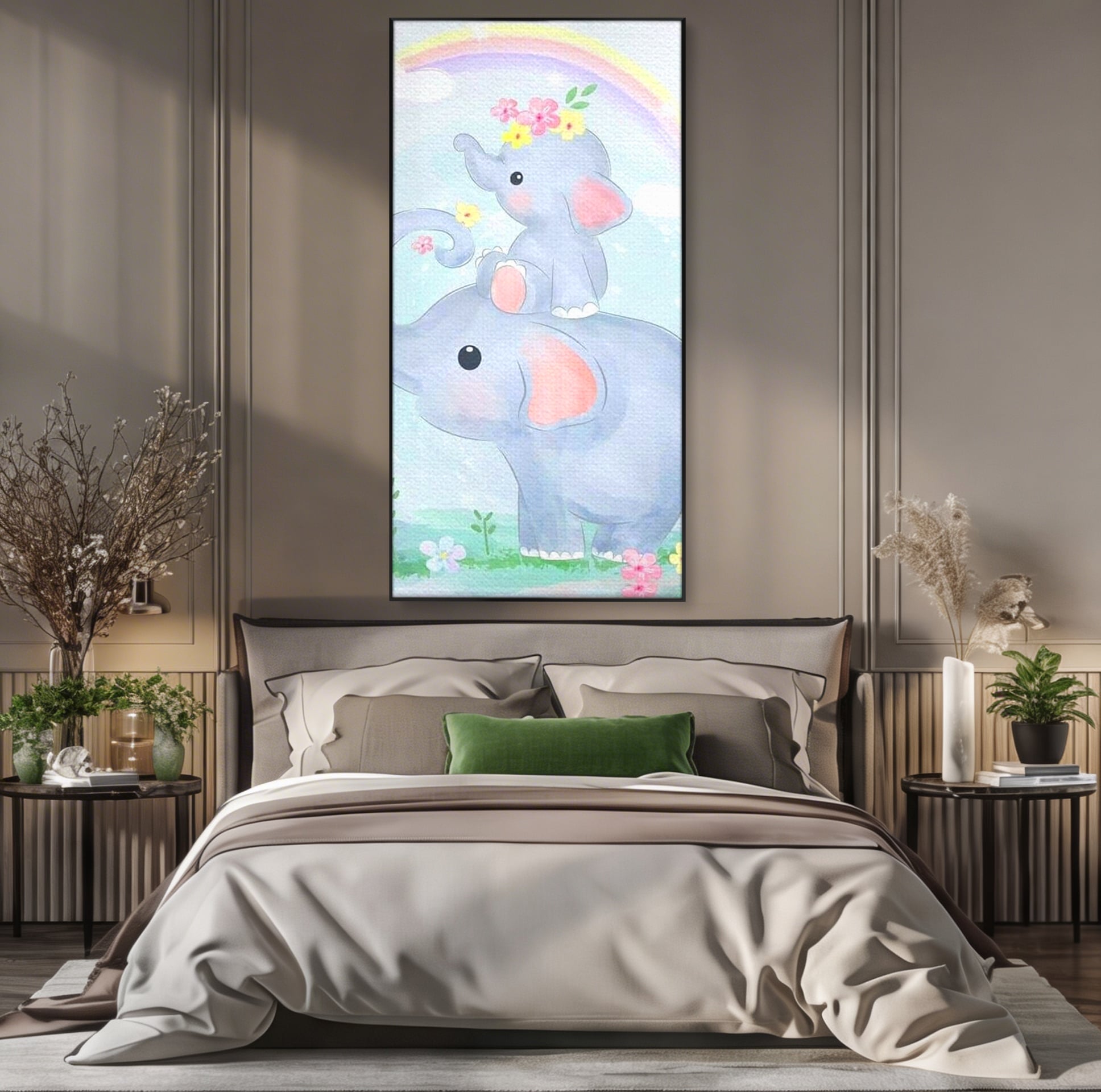 Tablou canvas cu tablou canvas cu elefanti pastelati, in rama de aluminiu negru, pe perete intr-un dormitor