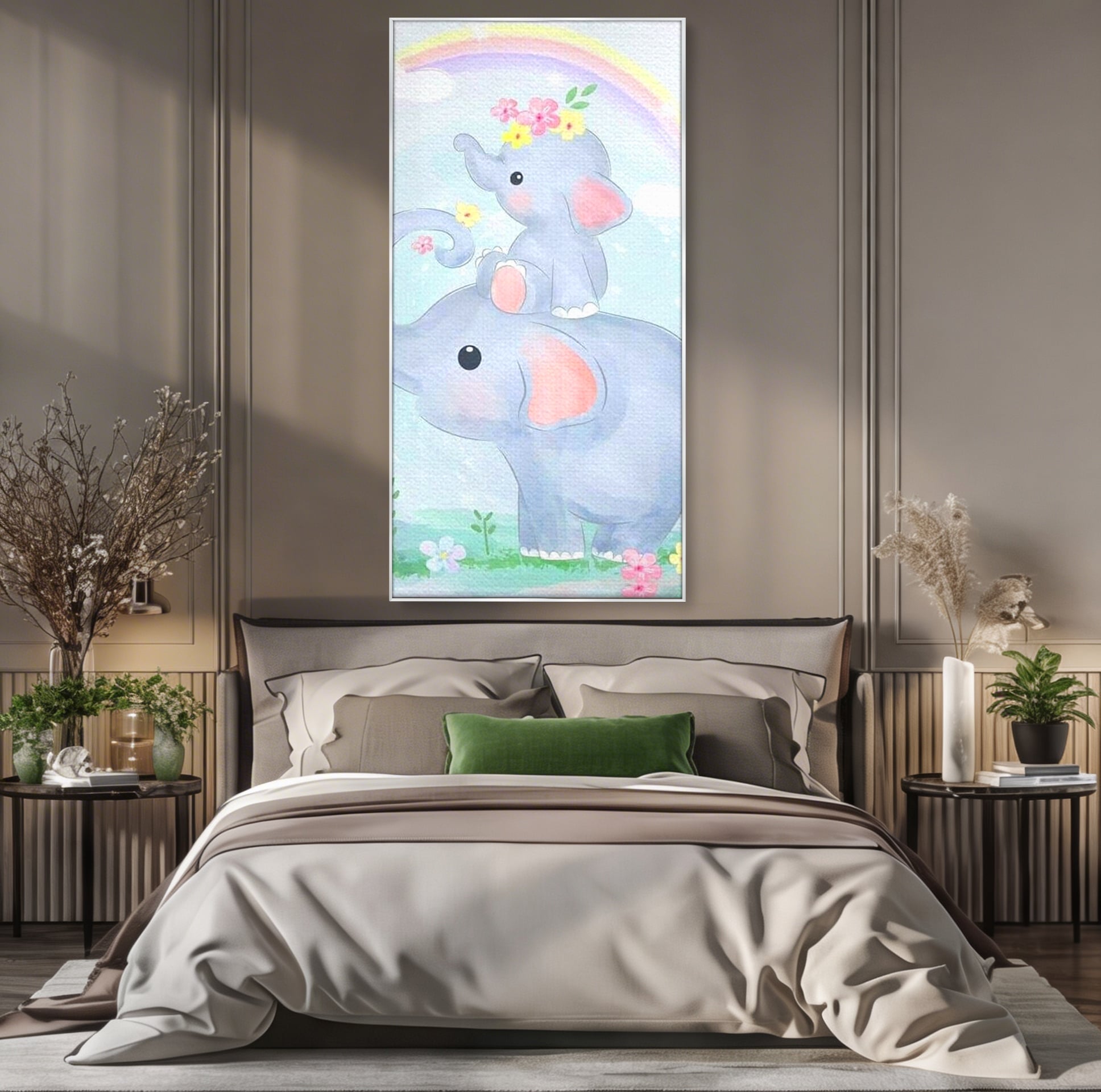 Tablou canvas cu tablou canvas cu elefanti pastelati, in rama de aluminiu argintiu, pe perete intr-un dormitor