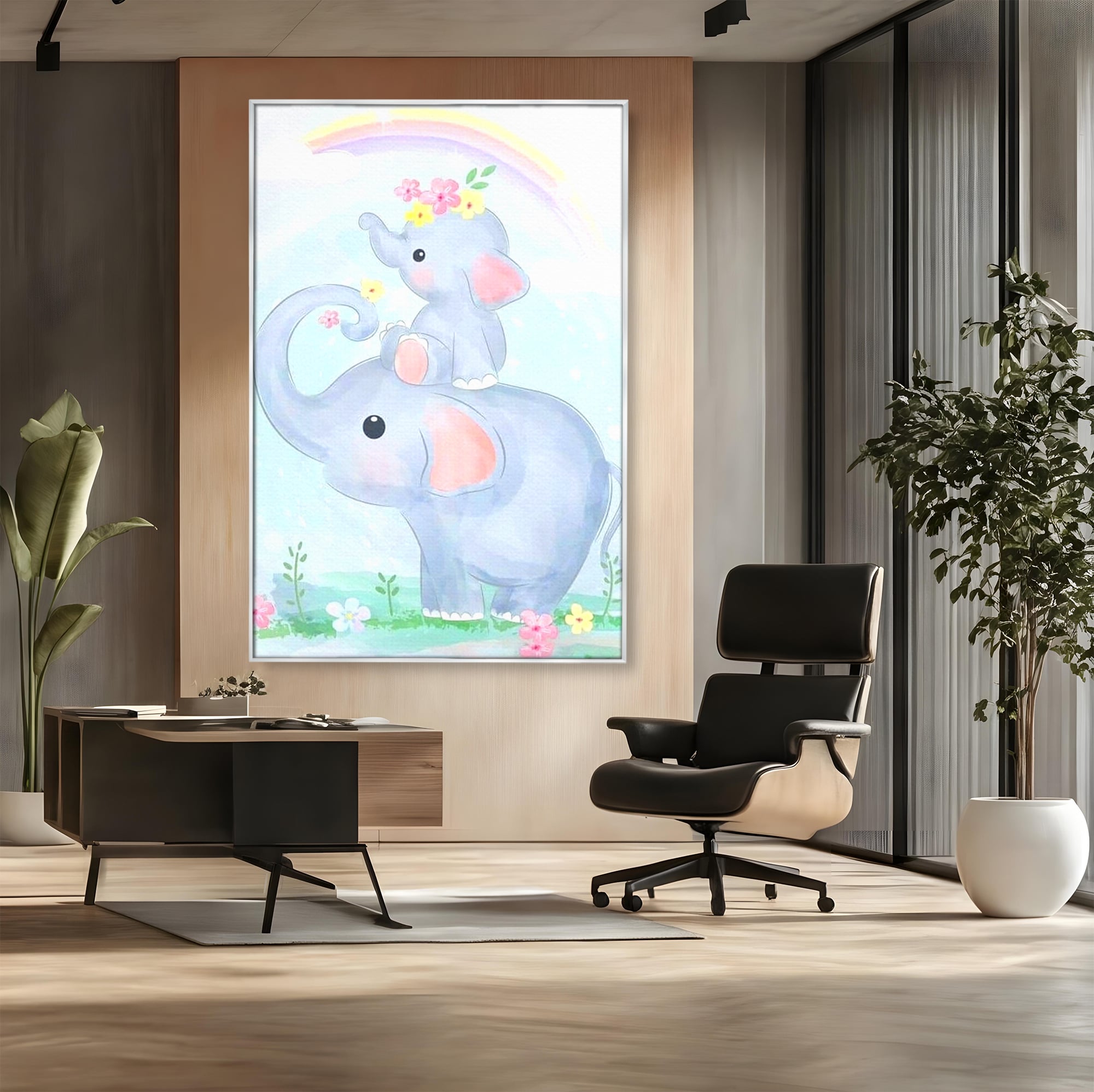 Tablou canvas cu tablou canvas cu elefanti pastelati, in rama de aluminiu argintiu, pe perete intr-un birou
