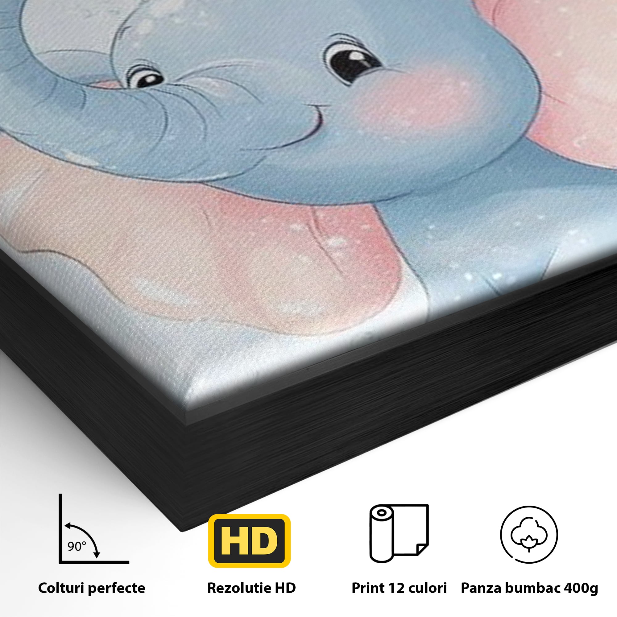 Detaliu al suprafetei: tablou canvas cu elefantelet albastru, in rama de aluminiu negru