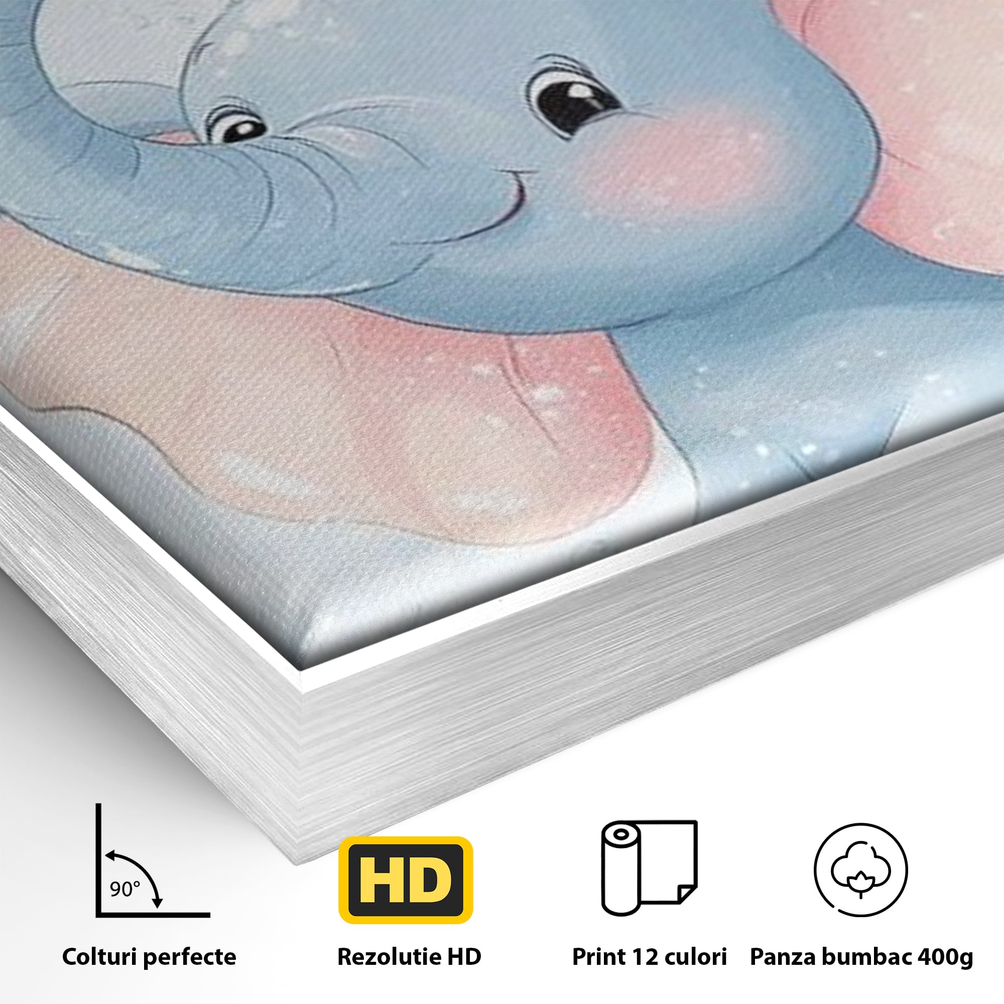 Detaliu al suprafetei: tablou canvas cu elefantelet albastru, in rama de aluminiu argintiu