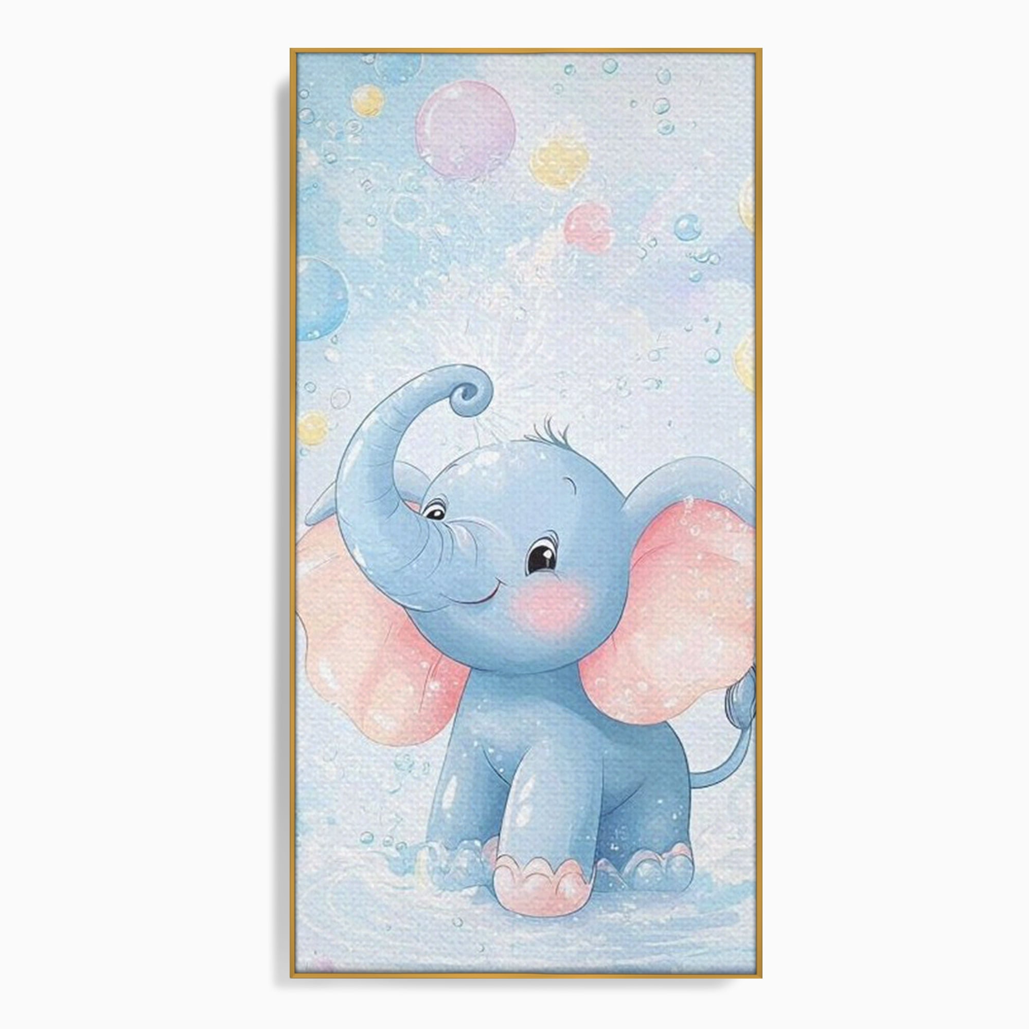Tablou canvas cu tablou canvas cu elefantelet albastru, in rama de aluminiu auriu