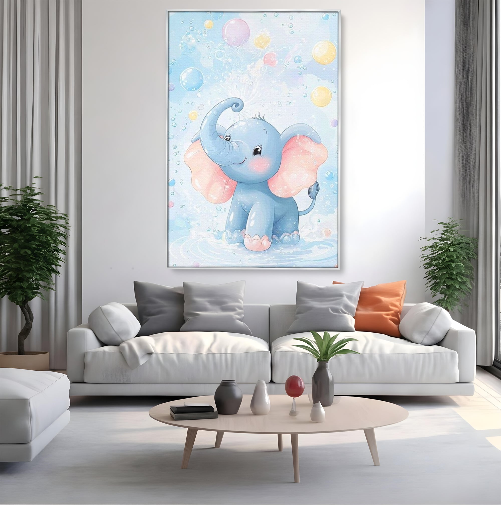 Tablou canvas cu tablou canvas cu elefantelet albastru, in rama de aluminiu argintiu, pe perete intr-un living