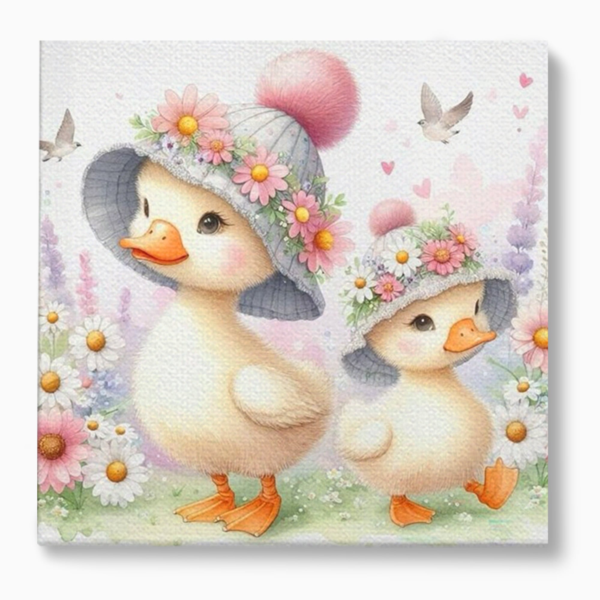 Tablou canvas cu ilustratie cu doua ratuste purtand palarii, fara rama, pe sasiu de lemn