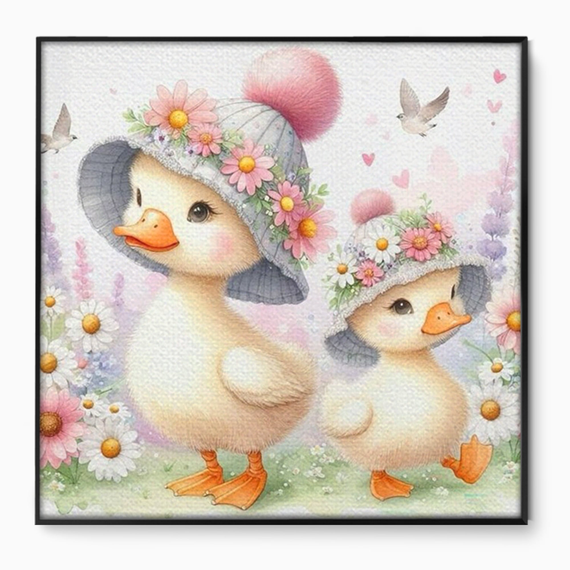 Tablou canvas cu ilustratie cu doua ratuste purtand palarii, in rama de aluminiu negru