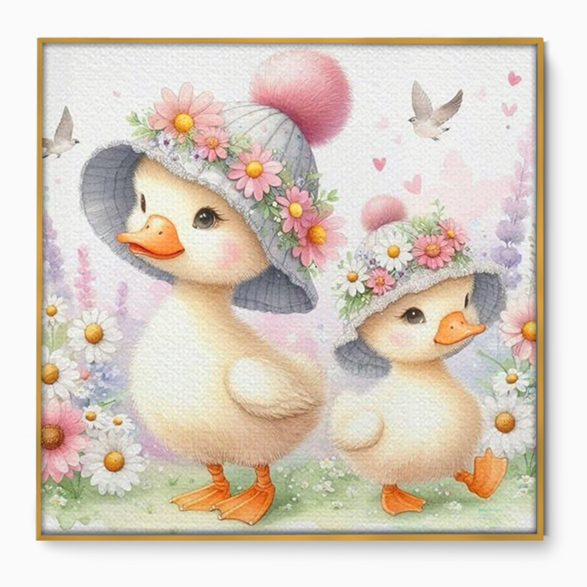 Tablou canvas cu ilustratie cu doua ratuste purtand palarii, in rama de aluminiu auriu