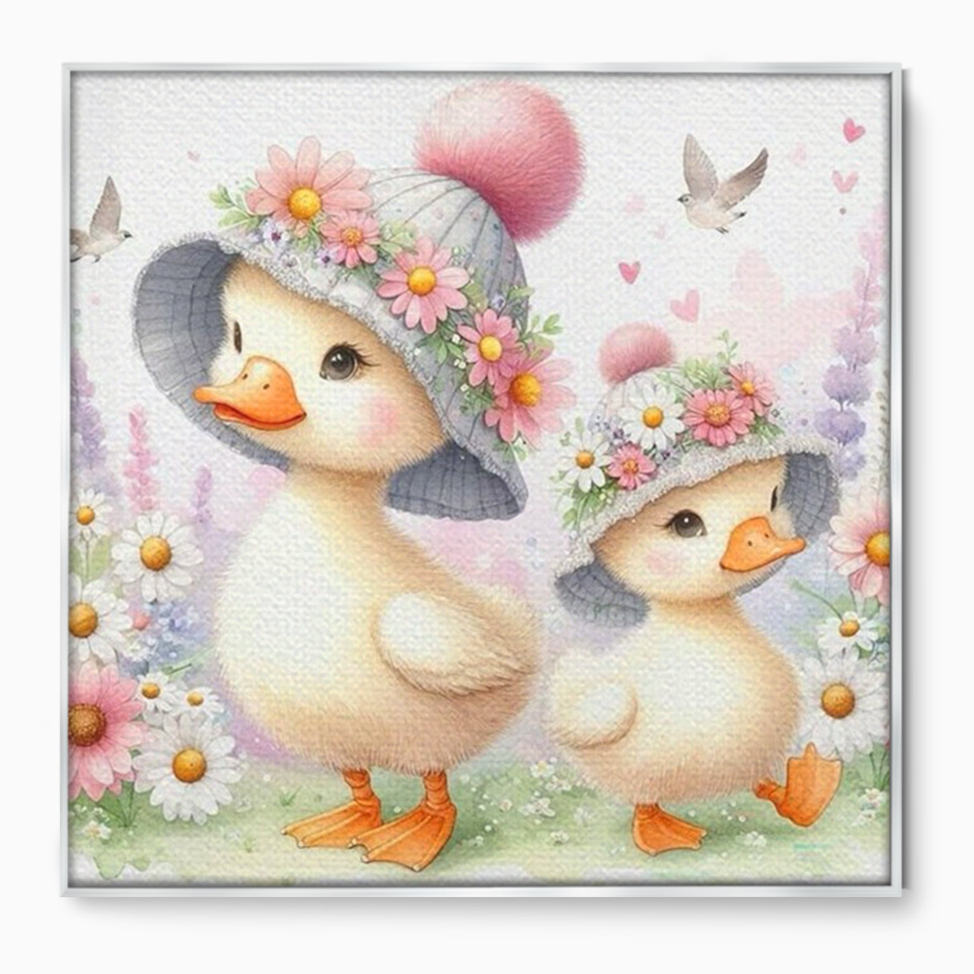 Tablou canvas cu ilustratie cu doua ratuste purtand palarii, in rama de aluminiu argintiu