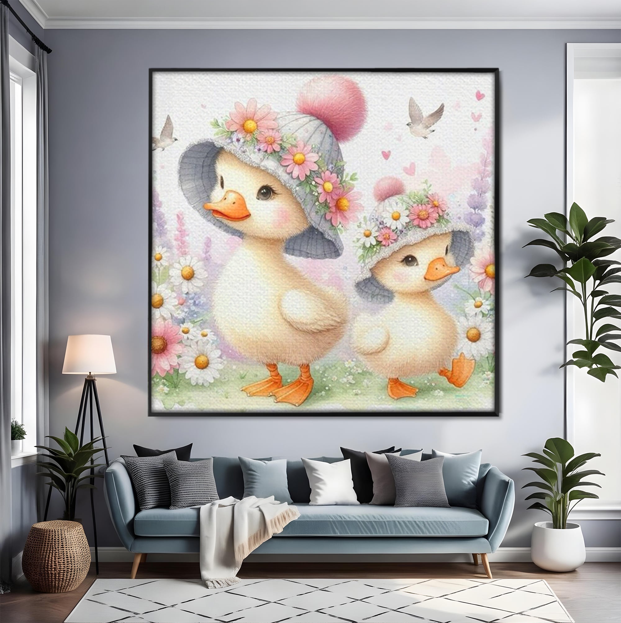 Tablou canvas cu ilustratie cu doua ratuste purtand palarii, in rama de aluminiu negru, pe perete intr-un living
