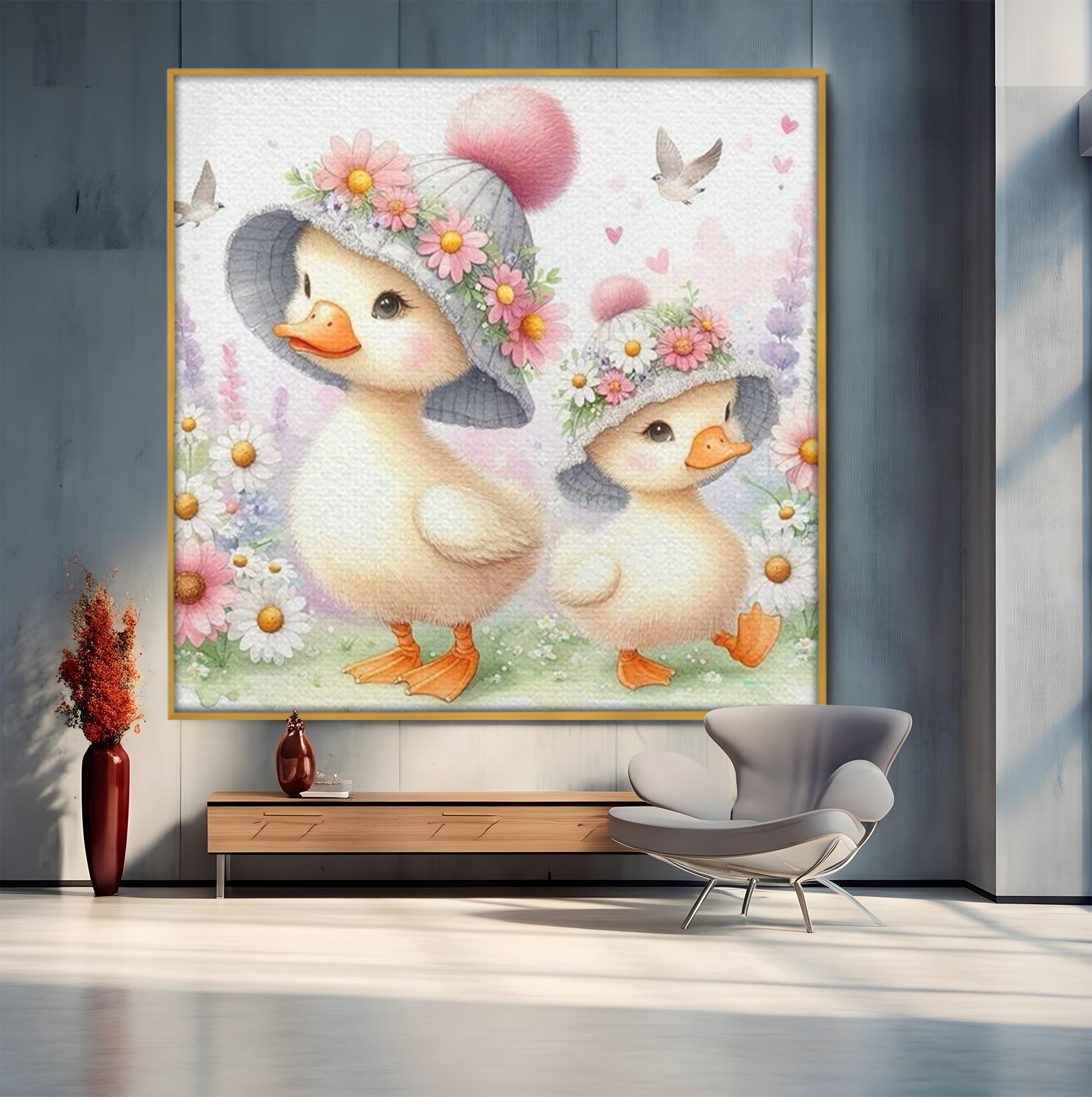 Tablou canvas cu ilustratie cu doua ratuste purtand palarii, in rama de aluminiu auriu