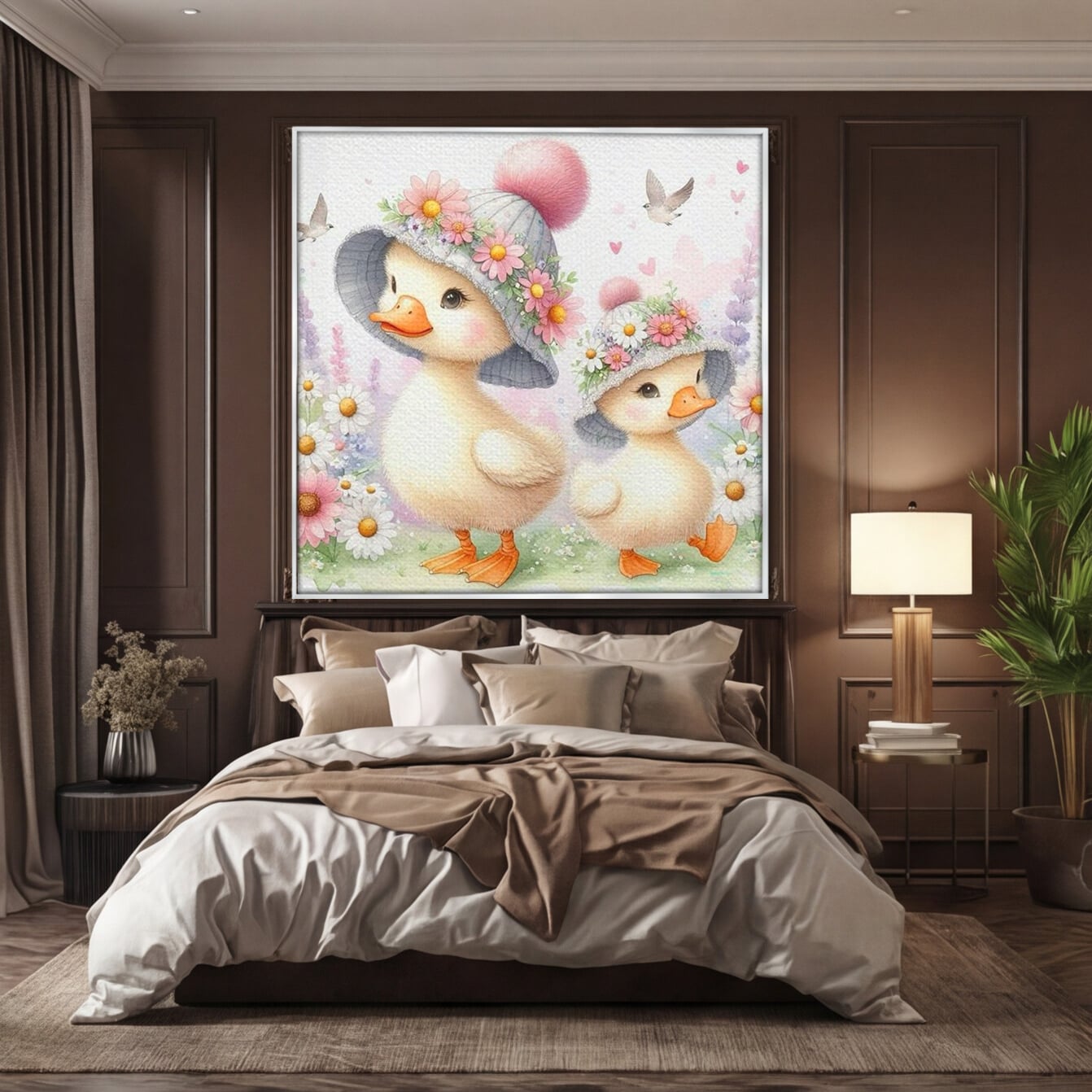 Tablou canvas cu ilustratie cu doua ratuste purtand palarii, in rama de aluminiu argintiu, pe perete intr-un dormitor