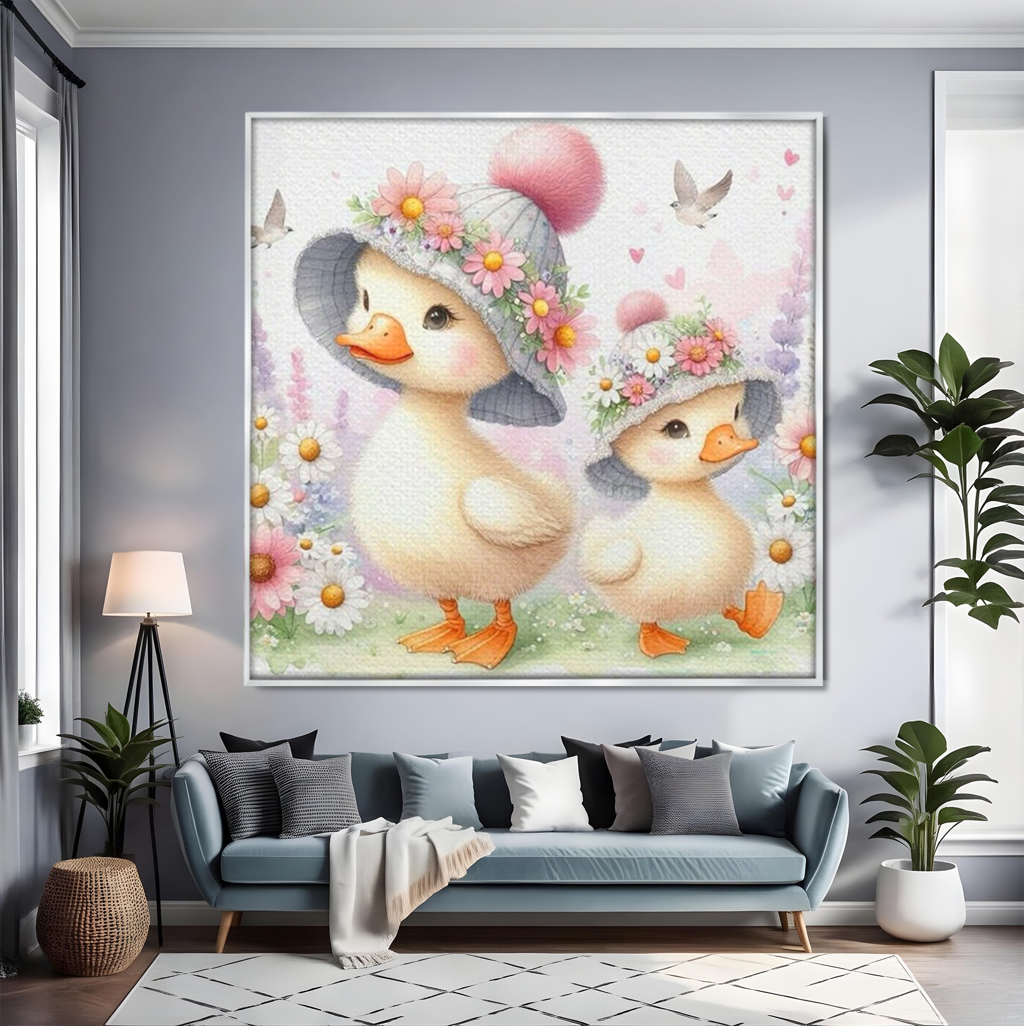 Tablou canvas cu ilustratie cu doua ratuste purtand palarii, in rama de aluminiu argintiu, pe perete intr-un living