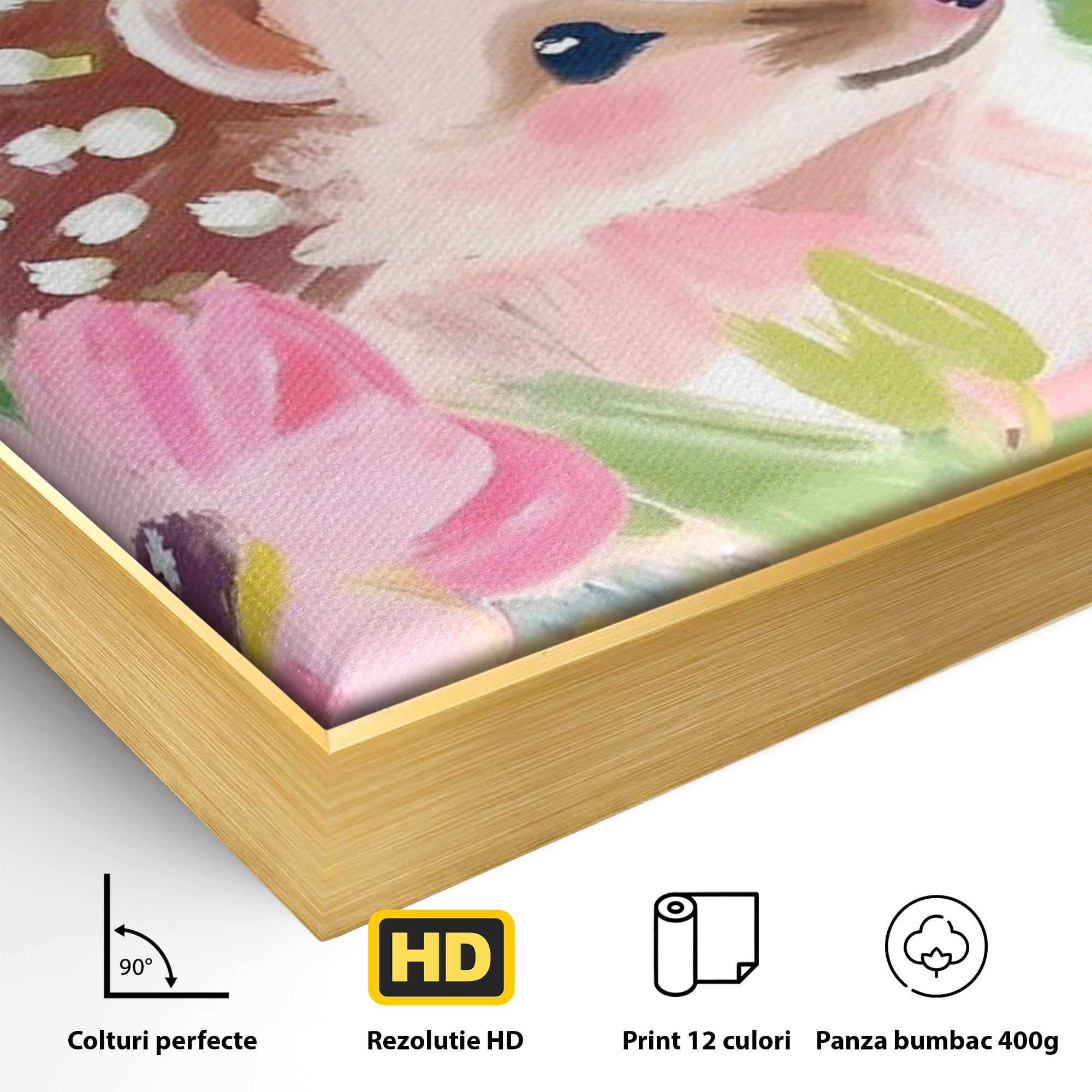 Detaliu al suprafetei: tablou canvas cu arici si flori, in rama de aluminiu auriu