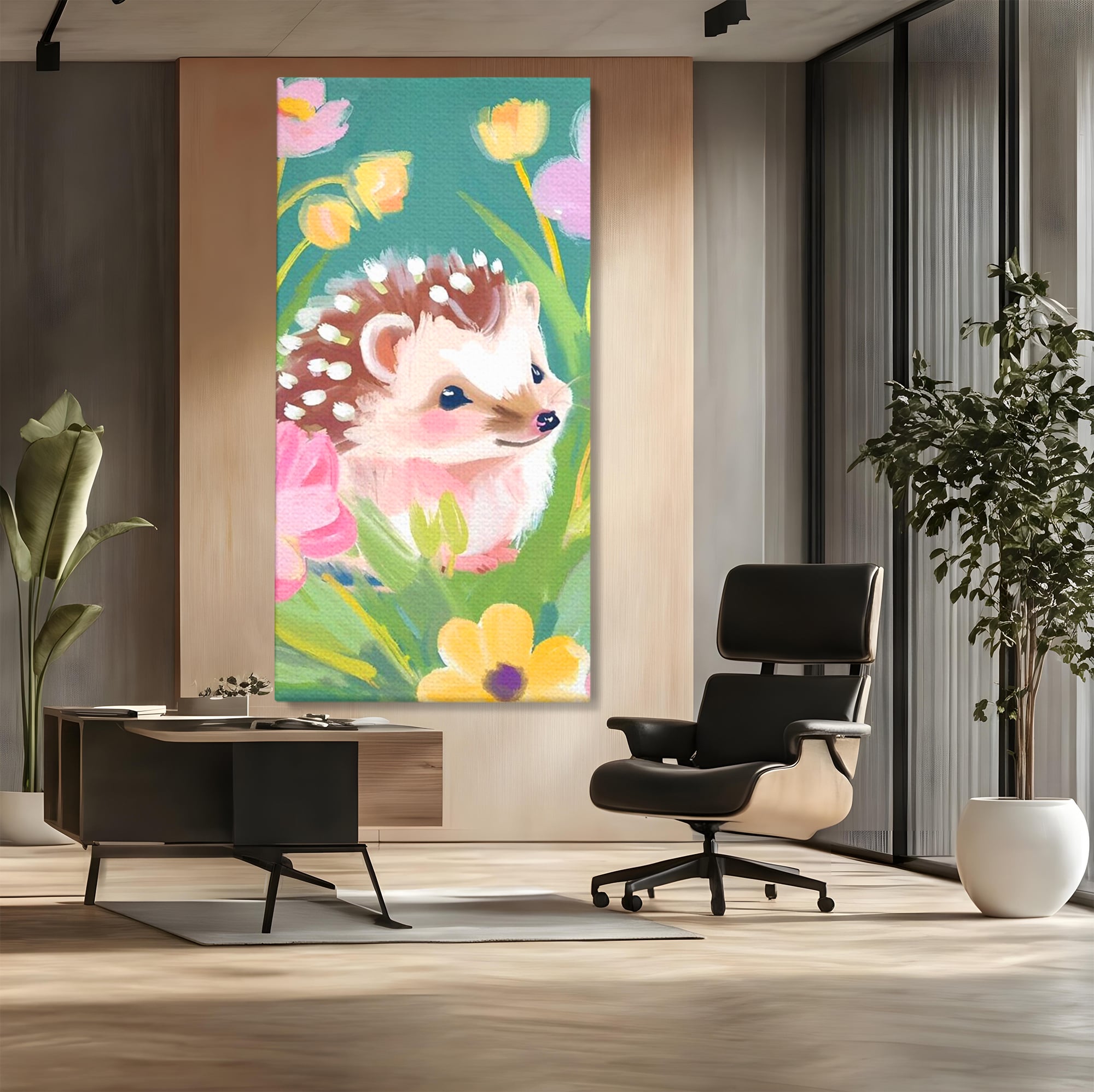 Tablou canvas cu tablou canvas cu arici si flori, fara rama, pe sasiu de lemn, pe perete intr-un birou