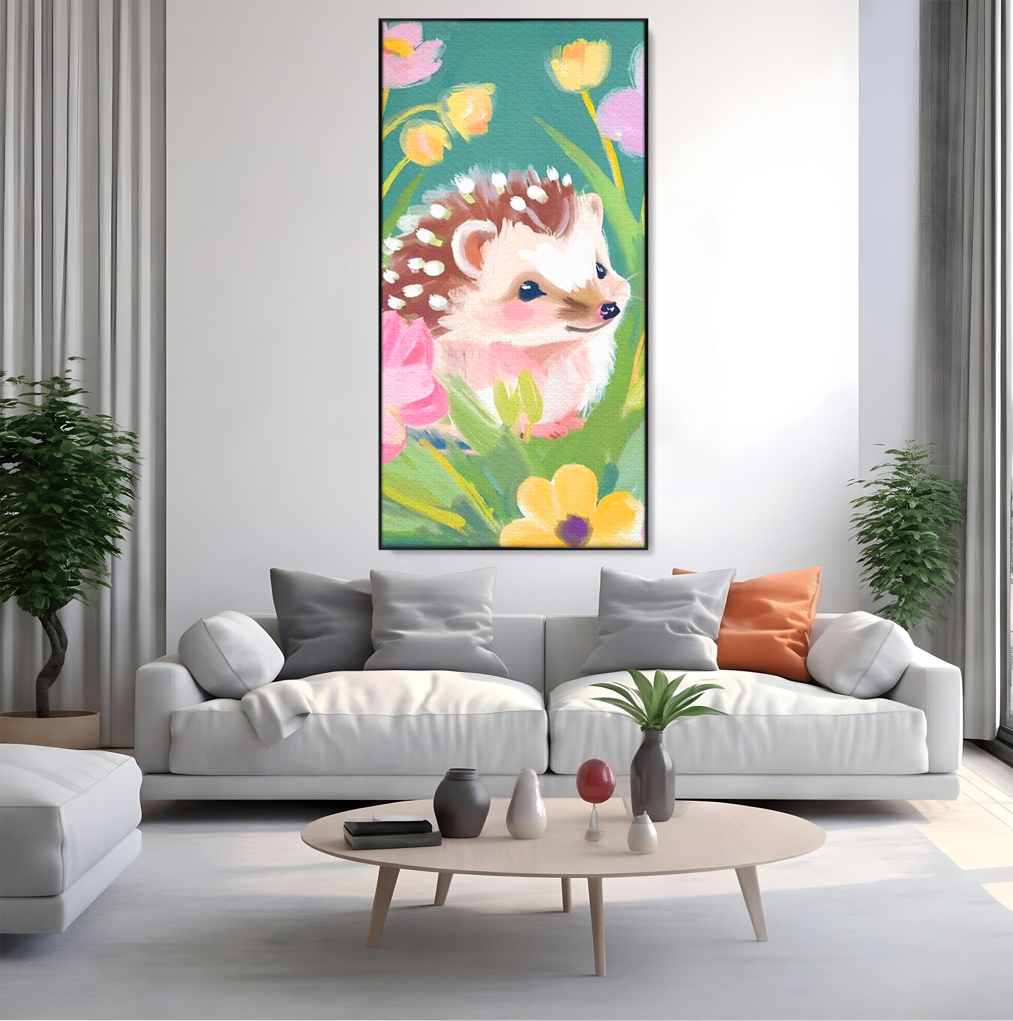 Tablou canvas cu tablou canvas cu arici si flori, in rama de aluminiu negru, pe perete intr-un living