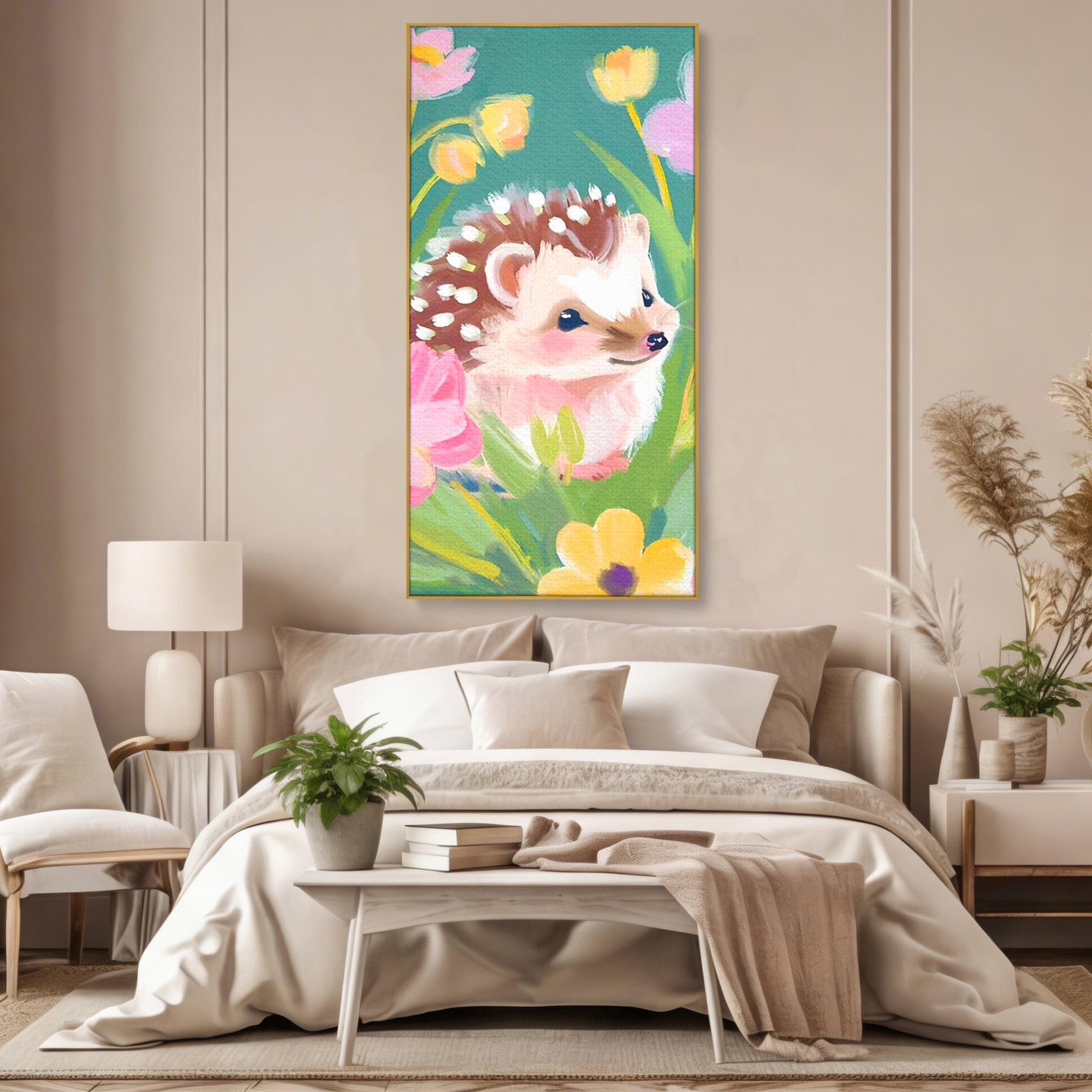 Tablou canvas cu tablou canvas cu arici si flori, in rama de aluminiu auriu, pe perete intr-un dormitor