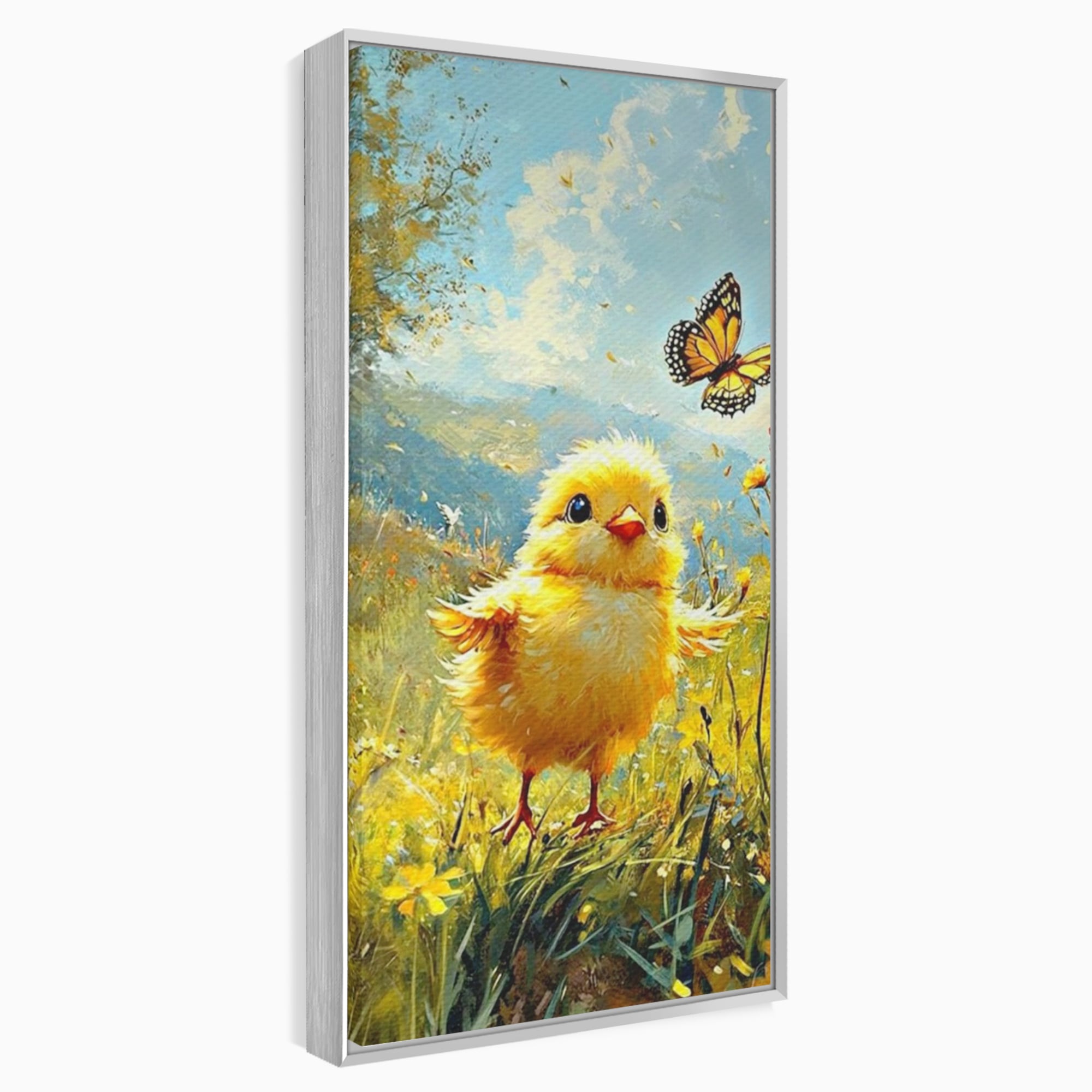 Tablou canvas cu tablou canvas cu pui de pasare si fluture, in rama de aluminiu argintiu