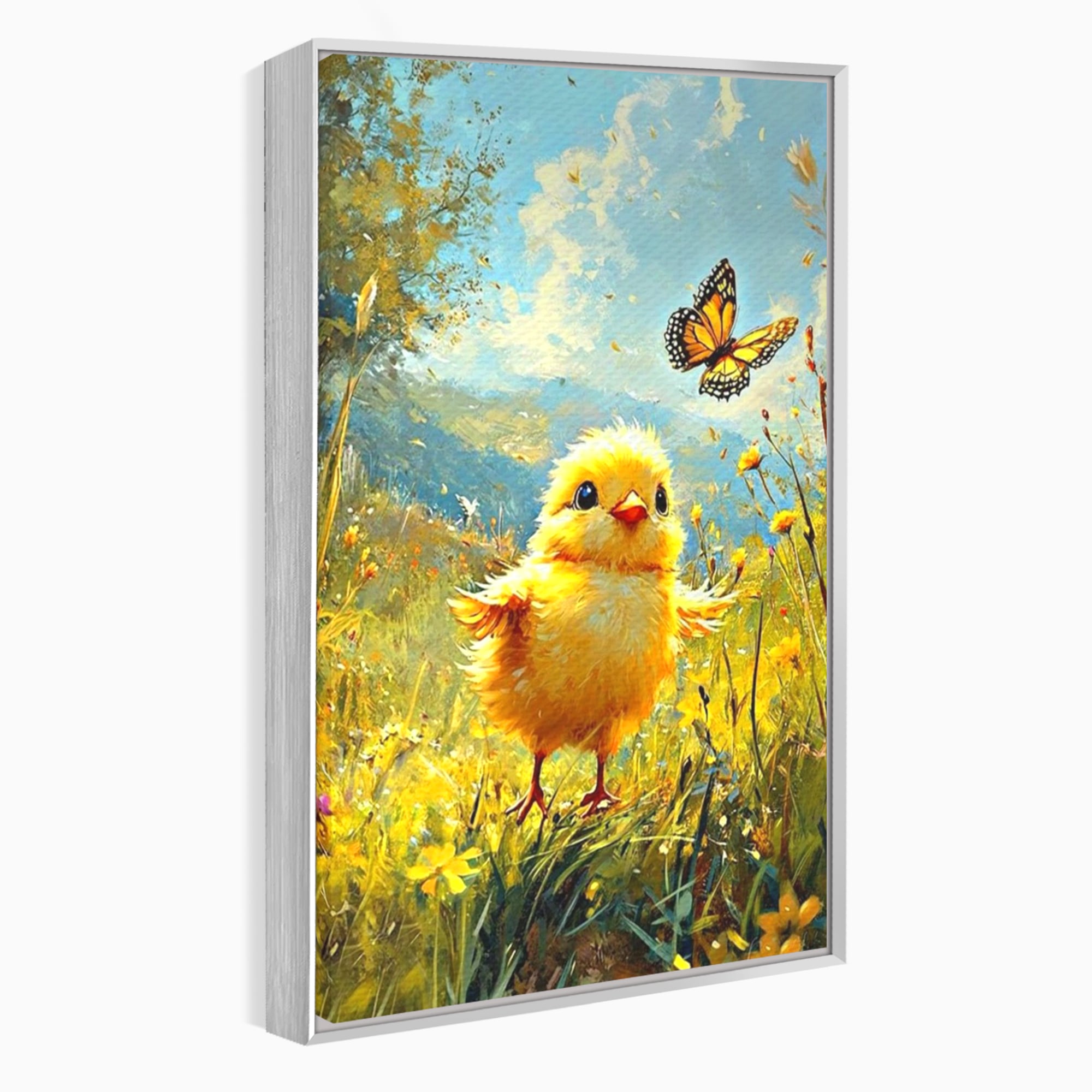 Tablou canvas cu tablou canvas cu pui de pasare si fluture, in rama de aluminiu argintiu