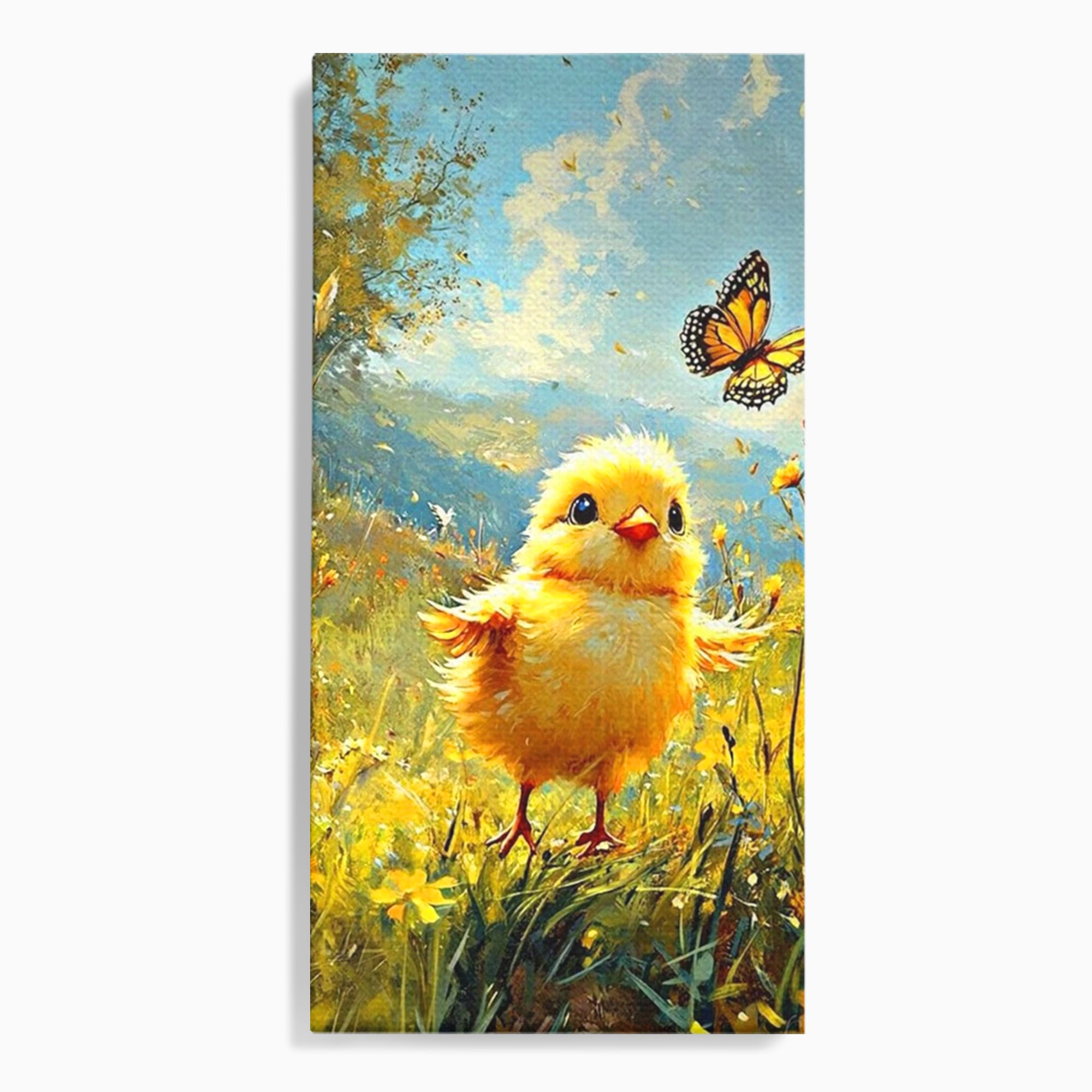 Tablou canvas cu tablou canvas cu pui de pasare si fluture, fara rama, pe sasiu de lemn