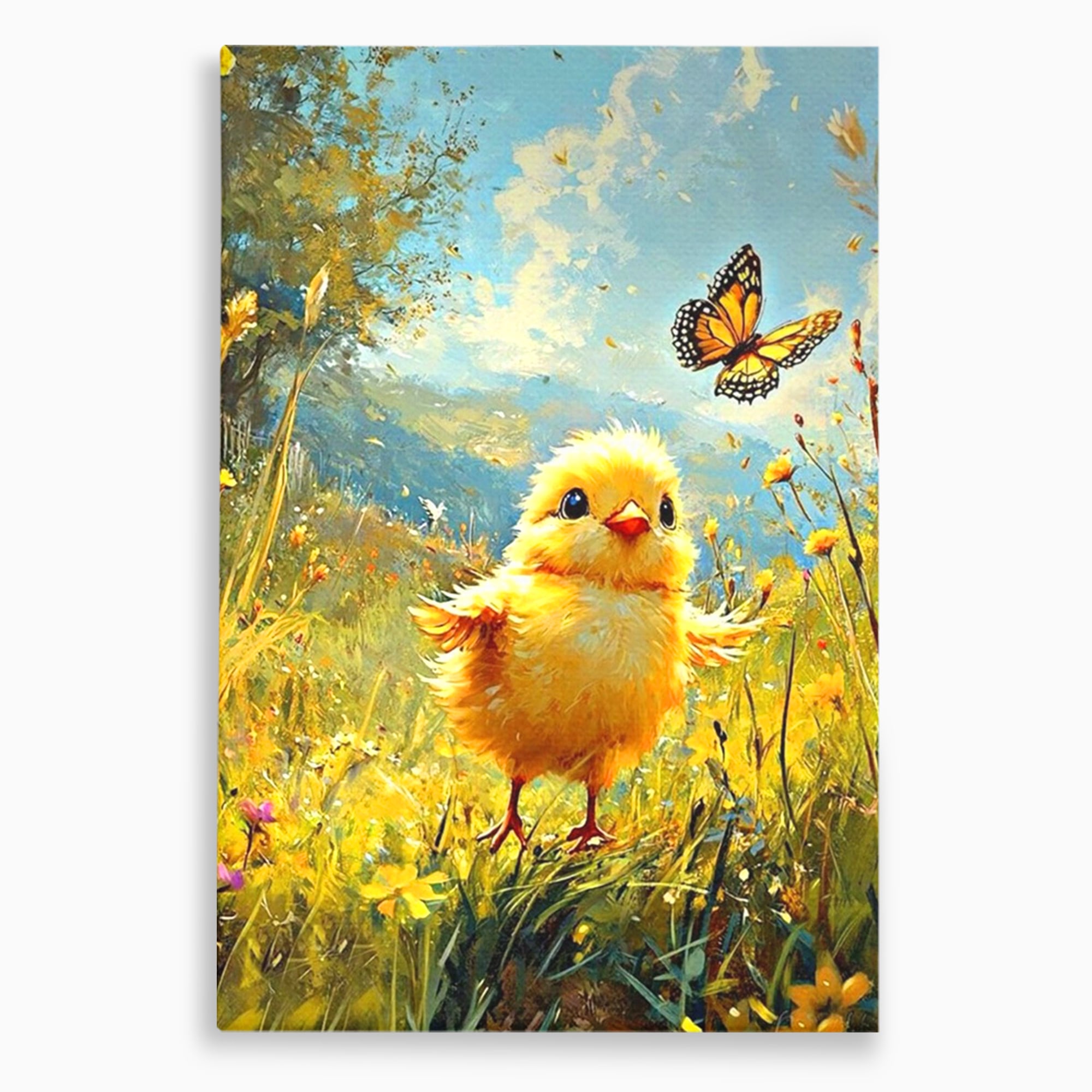 Tablou canvas cu tablou canvas cu pui de pasare si fluture, fara rama, pe sasiu de lemn