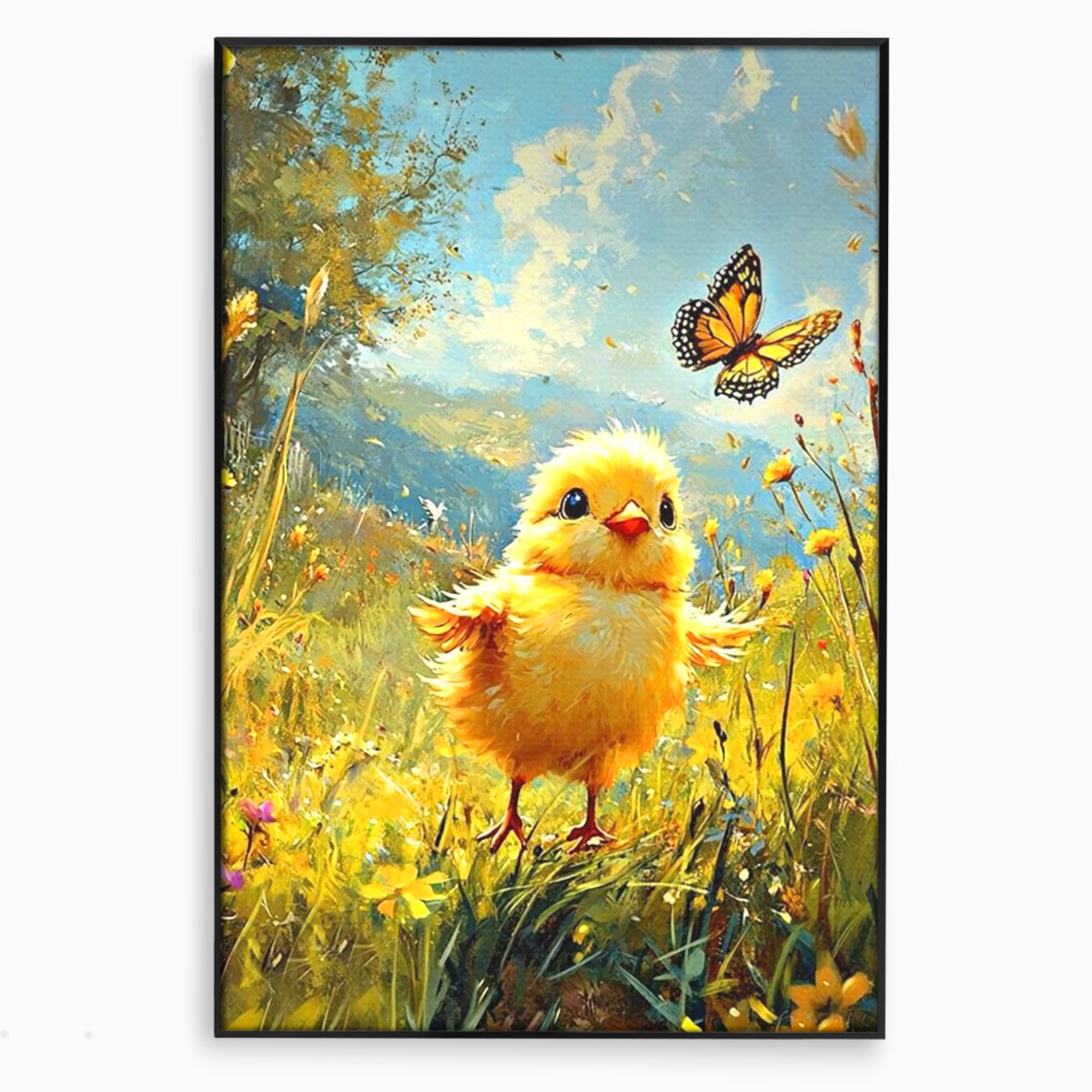 Tablou canvas cu tablou canvas cu pui de pasare si fluture, in rama de aluminiu negru