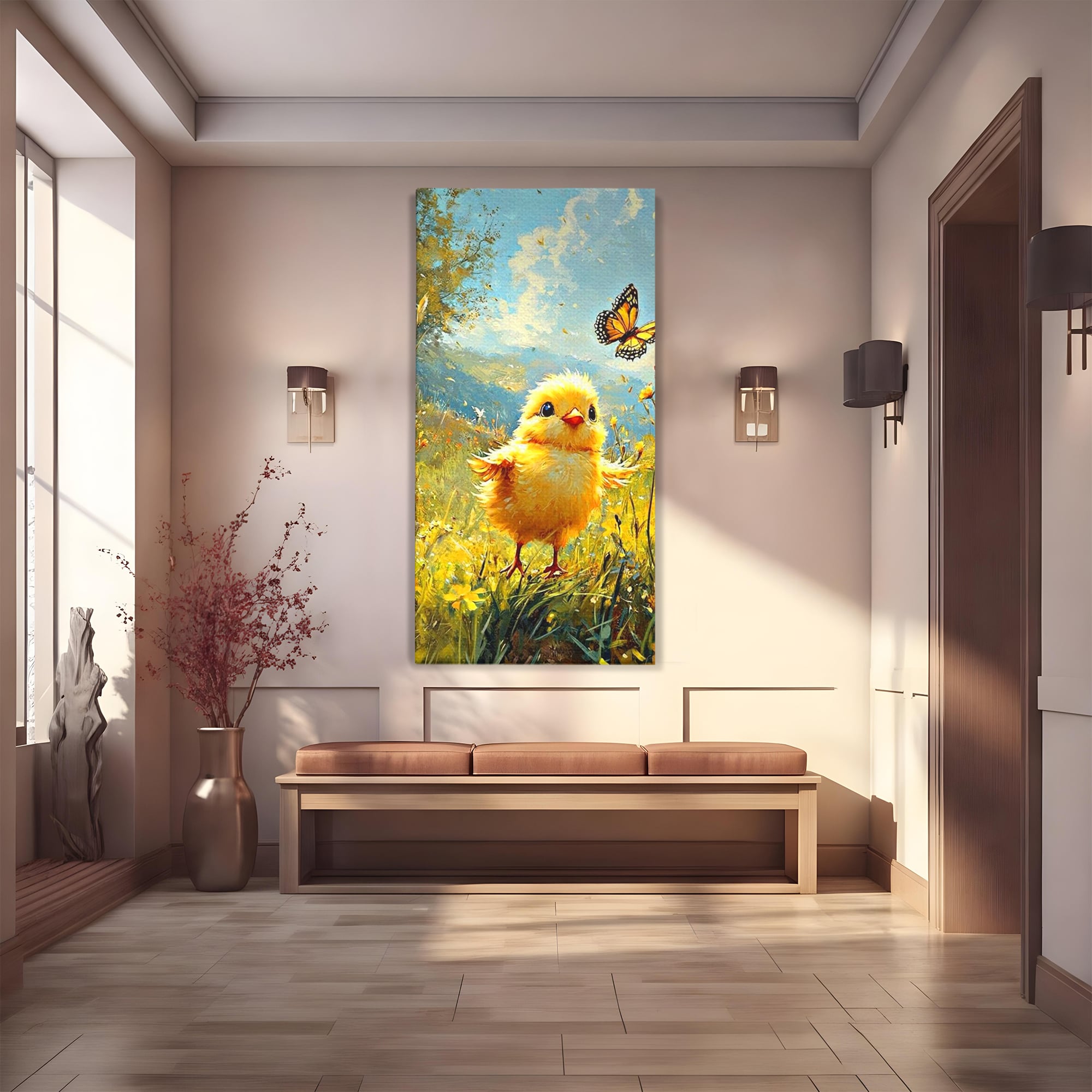 Tablou canvas cu tablou canvas cu pui de pasare si fluture, fara rama, pe sasiu de lemn