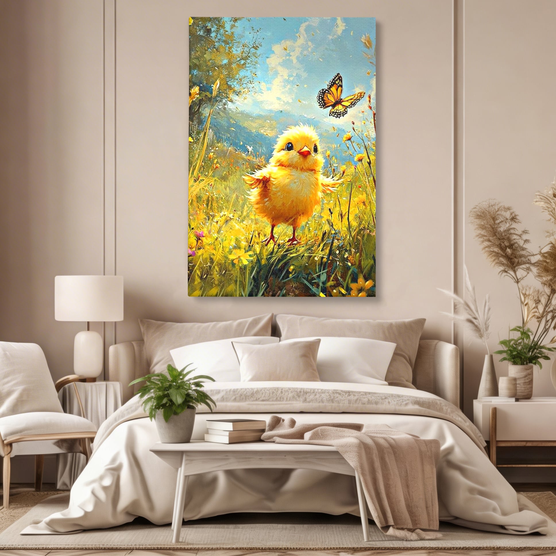 Tablou canvas cu tablou canvas cu pui de pasare si fluture, fara rama, pe sasiu de lemn, pe perete intr-un dormitor