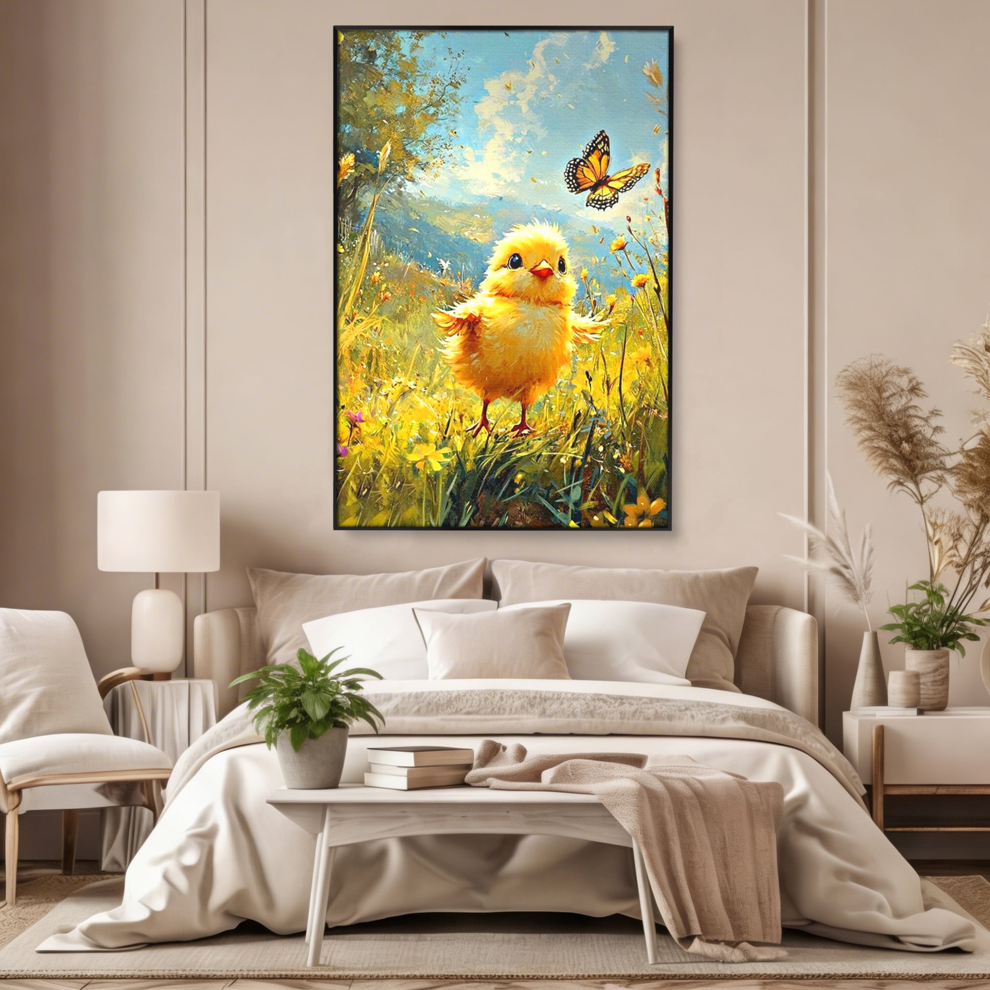 Tablou canvas cu tablou canvas cu pui de pasare si fluture, in rama de aluminiu negru, pe perete intr-un dormitor