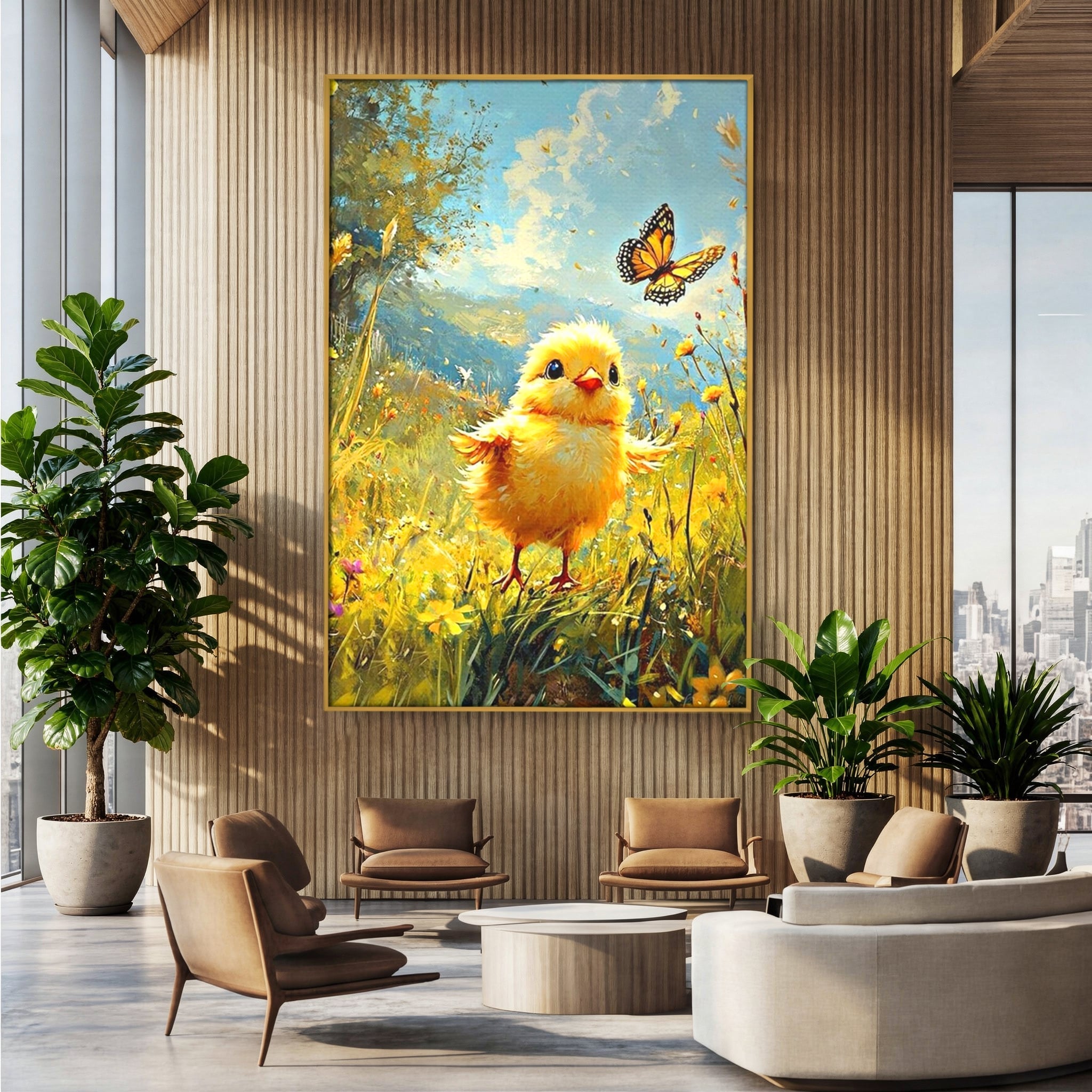Tablou canvas cu tablou canvas cu pui de pasare si fluture, in rama de aluminiu auriu, pe perete intr-un birou